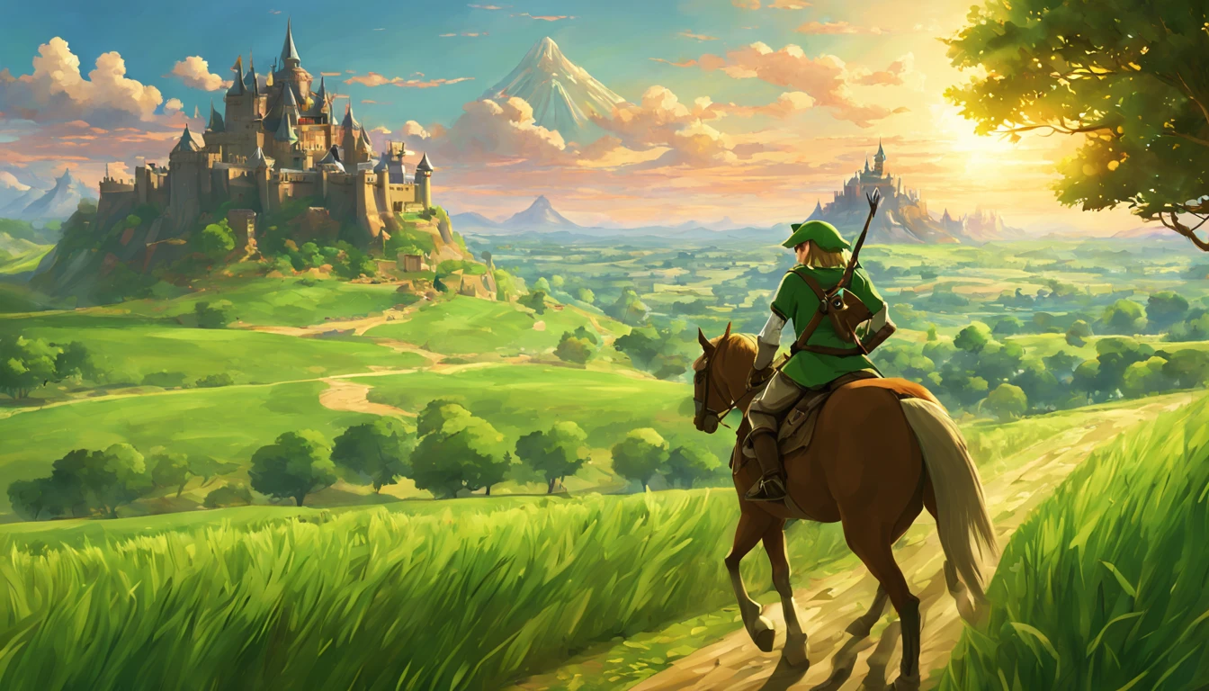 A femenine version of link from tloz in front of the great deku tree, intricate tree texture, cinematic, Nightfall, soft light from the right, epic, from behind