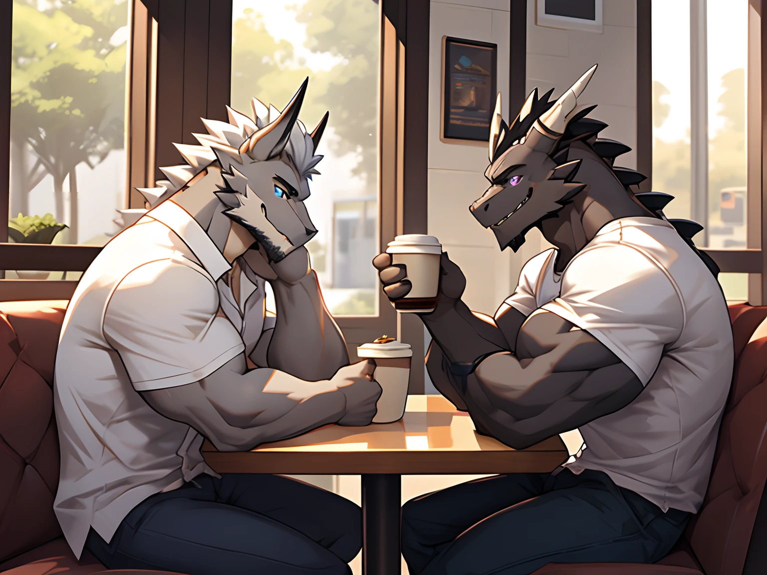 (Best Quality), 1Male, (Furry Gray Dragon), Blue Eyes, White Medium Hair, Casual Set, Casual Shirt, Muscular, Good Looking, 1Male, (Furry Black Dragon), Purple Eyes, Gray Medium Hair, Gray Facial Hair, Casual Set, Casual Shirt, Good Looking, Muscular, ((Gray Dragon Give Black Dragon a cup of coffee and feed him)), Sitting in sofa, table, close to each other, Comfortable, Warm Feeling, Joy Expression, Morning, Cafe Background.