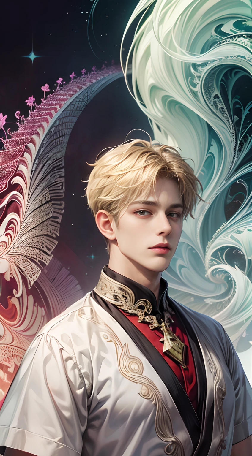 (masutepiece, of the highest quality, Best Quality, Official art, Beautiful and aesthetic:1.2), (1 boy:1.3), (Fractal Art:1.3), Beautiful jade short hair without any quirks
