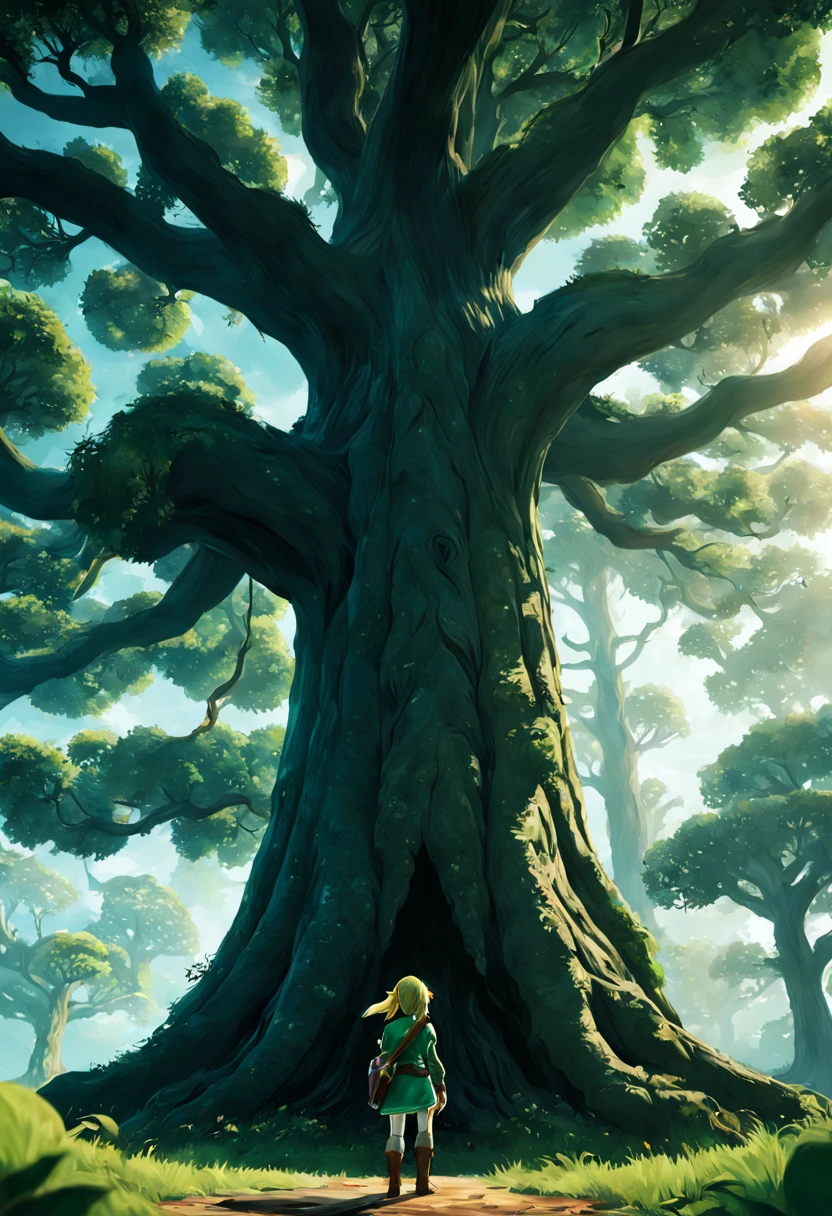 A femenine version of link from tloz in front of the great deku tree, intricate tree texture, cinematic, Nightfall, soft light from the right, epic, from behind