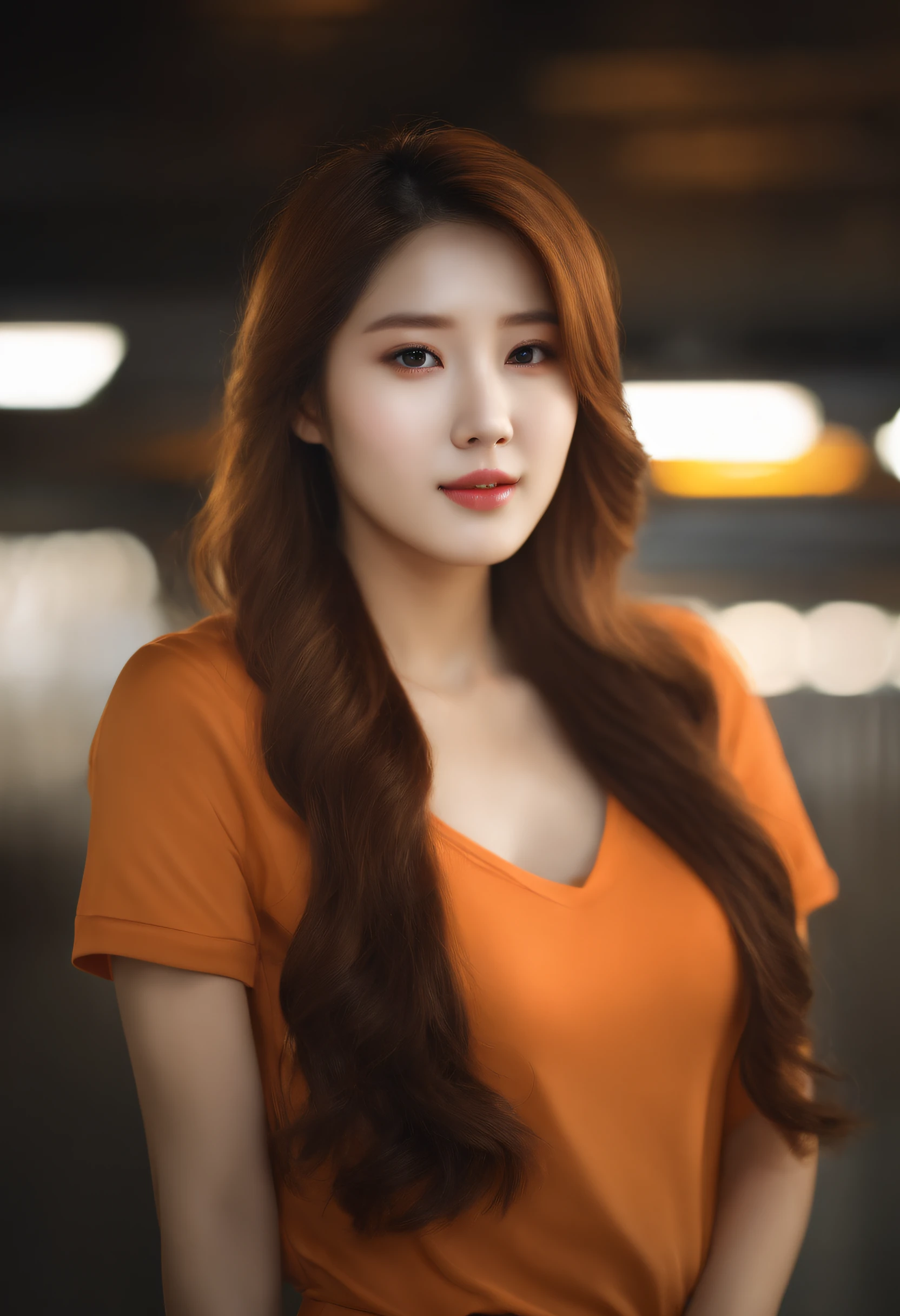 photograph of-realistic (1 cute Korean star) flipped hair, thin makeup, medium breasts size, Orange polo shirt, At the train station, clear facial features of Canon EOS, 16k, high resolution, sharp and realistic details, Overexposure, cut-in, hyper HD, A high resolution, Best quality