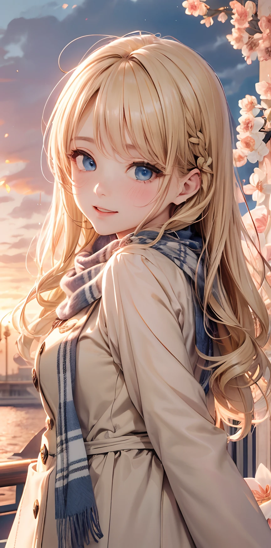 Anime girl with long blonde hair and blue eyes standing in front of a ...