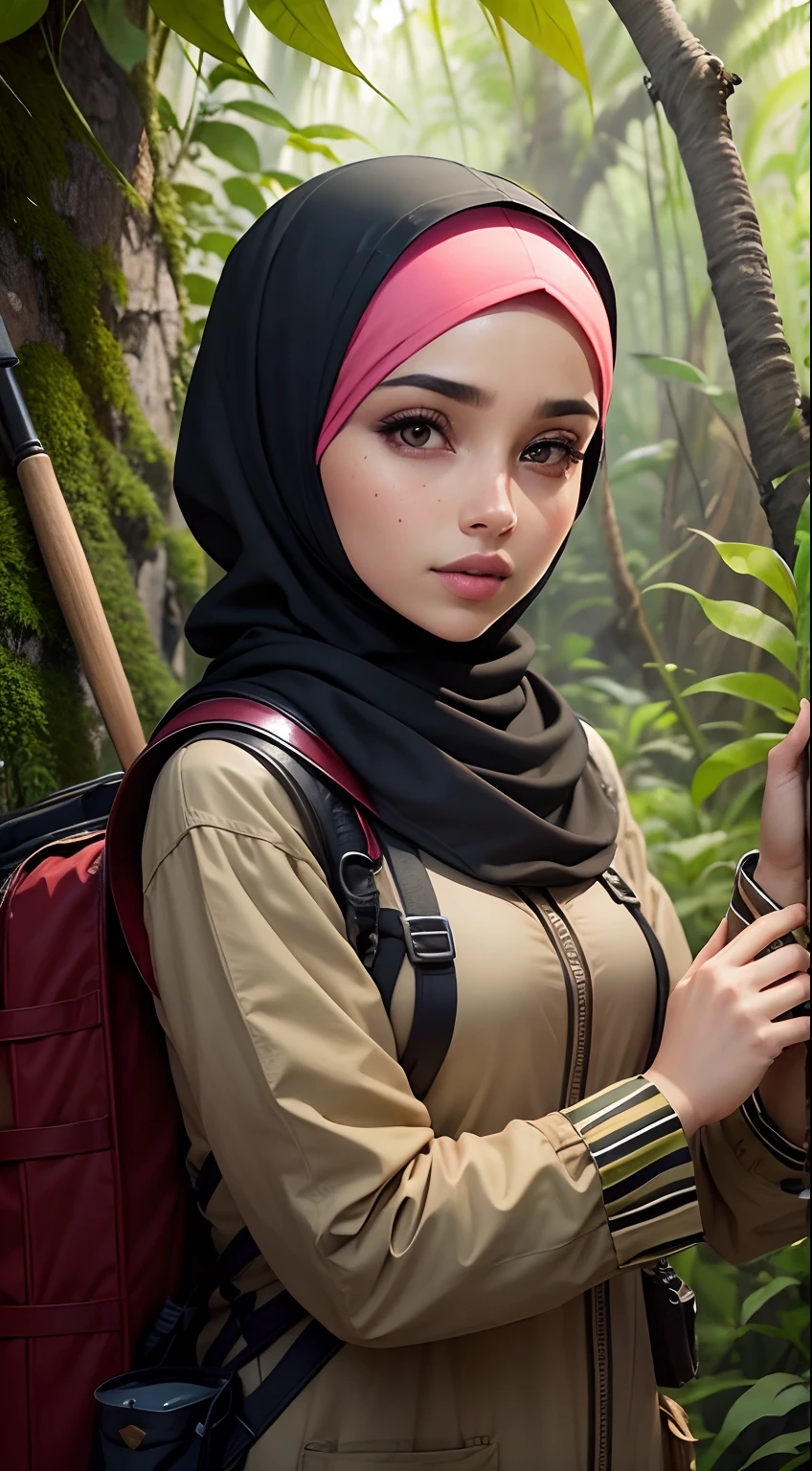 the hijabi is beautiful in the style of extreme adventures, loves to travel, the photo is close, in the jungle, has tools