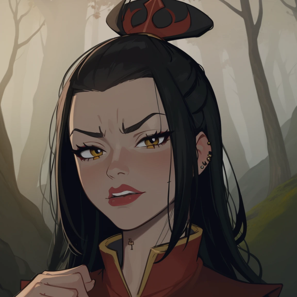 Azula, goth girl, autumn forest background, detailed, detailed, detailed, beautiful, detail, goth girl, masterpiece, red clothes, dark night background, gothic, goth, goth, detailed, goth girl, piercings, detailed face, looking viewer, Azula, (Dark eye shadow) dark eye shadow, black eye shadow,