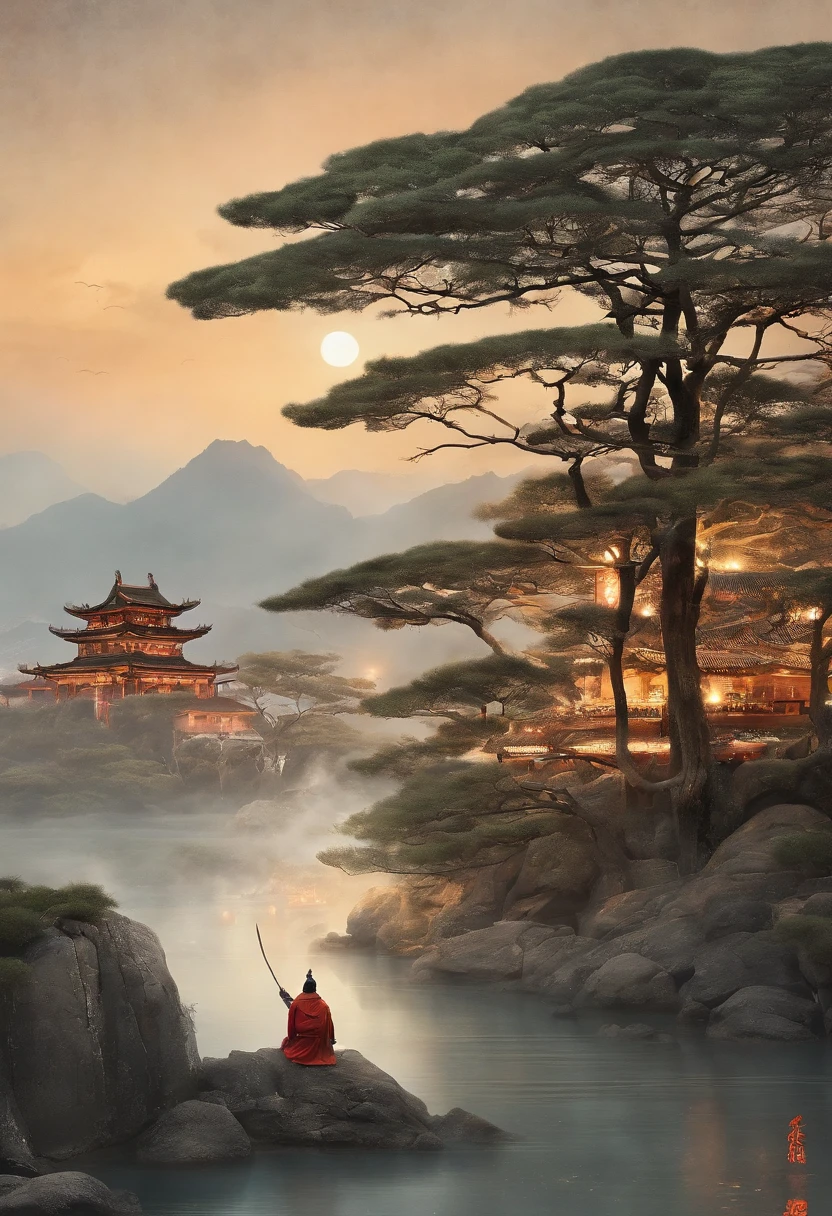 The rabbit of the Moon Palace, Han Toad, is crying in this cold sky，The doors and windows of the cloud building are half-open, and the moonlight obliquely illuminates the powder wall, which is miserable。 The moon is like a jade wheel rolling through the dew, soaking the light，In the osmanthus Xiangmo is happy to meet Xian 'e with a lunar pei。 Looking down on the vast sea and mulberry fields under the three sacred mountains，The world is fickle for thousands of years, like a galloping horse。 Overlook China from the Moon Palace，Kyushu is as small as nine vague dots，The shallow waters seemed to pour out of a cup