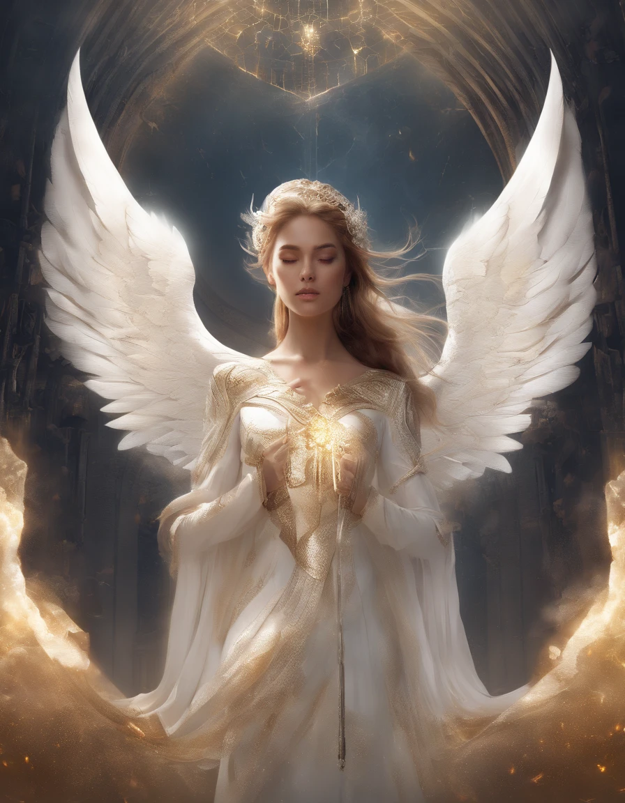 Compose a poignant ultra-realistic 8k image portraying the transcendent beauty of a fiercely confident woman. Illuminate her features with warm, golden light, accentuating her strength and grace. Enrich the scene with big, luminous white angel wings, a radiant halo over her head, and a beautifully intricate sword in her left hand. Capture a moment that evokes both ethereal power and serene beauty, creating an image that inspires admiration and awe