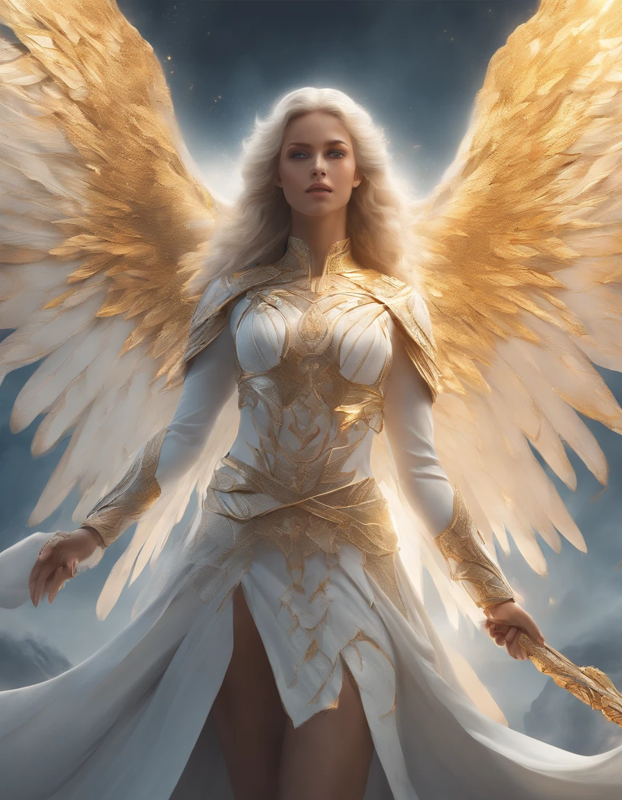 Compose a poignant ultra-realistic 8k image portraying the transcendent beauty of a fiercely confident woman. Illuminate her features with warm, golden light, accentuating her strength and grace. Enrich the scene with big, luminous white angel wings, a radiant halo over her head, and a beautifully intricate sword in her left hand. Capture a moment that evokes both ethereal power and serene beauty, creating an image that inspires admiration and awe