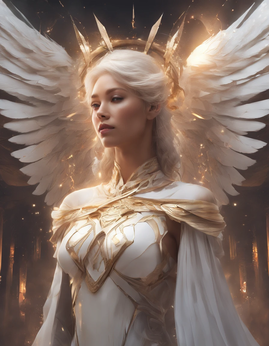 Compose a poignant ultra-realistic 8k image portraying the transcendent beauty of a fiercely confident woman. Illuminate her features with warm, golden light, accentuating her strength and grace. Enrich the scene with big, luminous white angel wings, a radiant halo over her head, and a beautifully intricate sword in her left hand. Capture a moment that evokes both ethereal power and serene beauty, creating an image that inspires admiration and awe