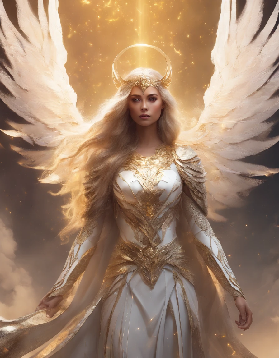 Compose a poignant ultra-realistic 8k image portraying the transcendent beauty of a fiercely confident woman. Illuminate her features with warm, golden light, accentuating her strength and grace. Enrich the scene with big, luminous white angel wings, a radiant halo over her head, and a beautifully intricate sword in her left hand. Capture a moment that evokes both ethereal power and serene beauty, creating an image that inspires admiration and awe