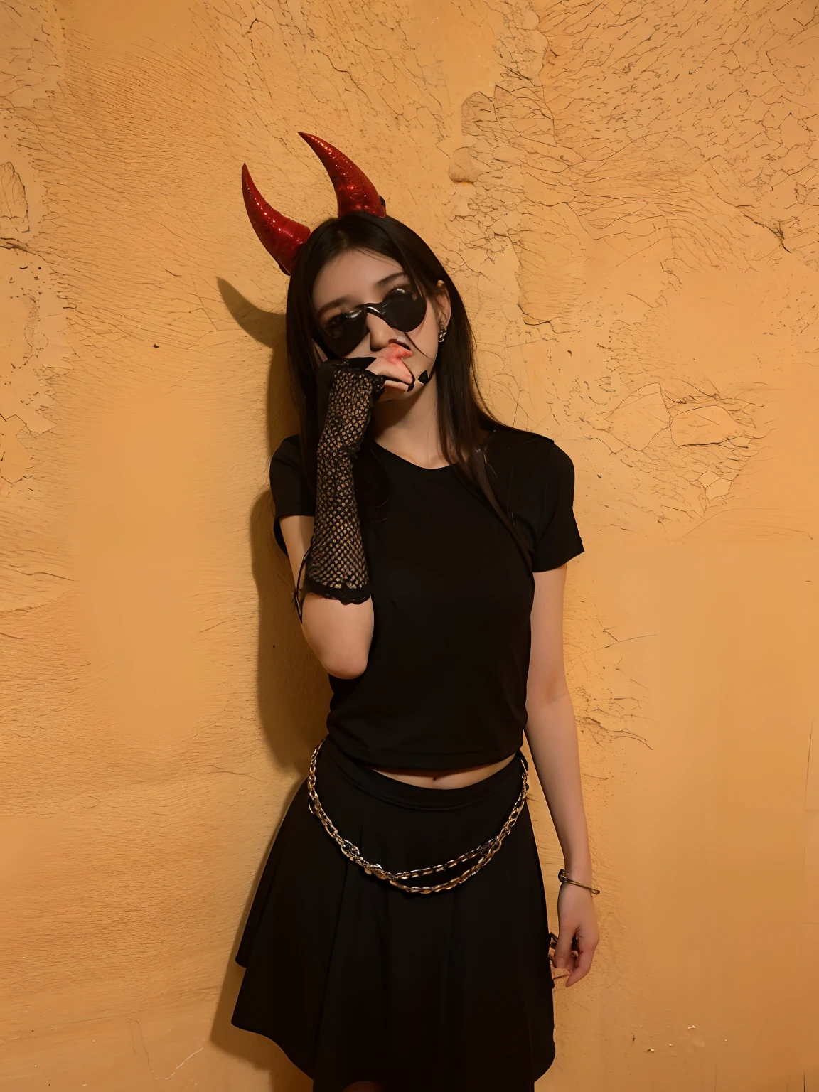Araffe dressed in a black suit and a red devil mask, 1 7 - year - old goth girl, con cuernos, Chica demonio, Cuernos del diablo, Traje de diablo muy sexy, cuernos y ojos rojos, con cuernos negros en lugar de orejas, 1 7 - year - old anime goth girl, gothic ambient, cuernos de demonio, goth girl, wearing gothic accessories