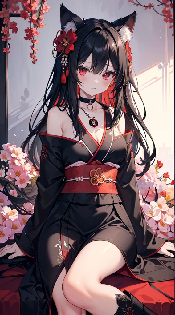 (extremely detailed CG unity 8k wallpaper), (((ultra-detailed))), ((extremely detailed)), (((best illustration))), best illumination, ((extremely delicate and beautiful)), ((an extremely delicate and beautiful girl)), colorful, red sakura trees, park, (((colorful flowers))), ((1 girl, solo)), {{finely detailed beautiful eyes and detailed face}}, sad expression, melancholic smile, long hair, (((black hair))), red eyes, beautiful detailed eyes, mature female, gentle, slender, medium breast, black red fox ears, (black red fox tail), (((intricate details))), (Black and red knee-length kimono dress), medium height black boots, ((black choker with red pendent)), lycoris flower birthmark on neck, sitting, bishoujo, 19_years_old,
