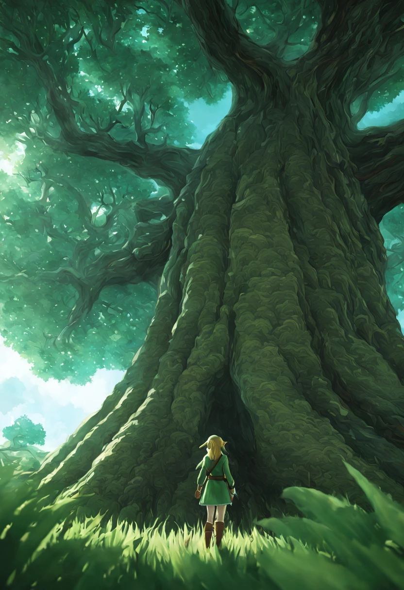 A femenine version of link from tloz in front of the great deku tree, intricate tree, (cinematic), soft light from the right, epic, from behind, from below, a really big tree