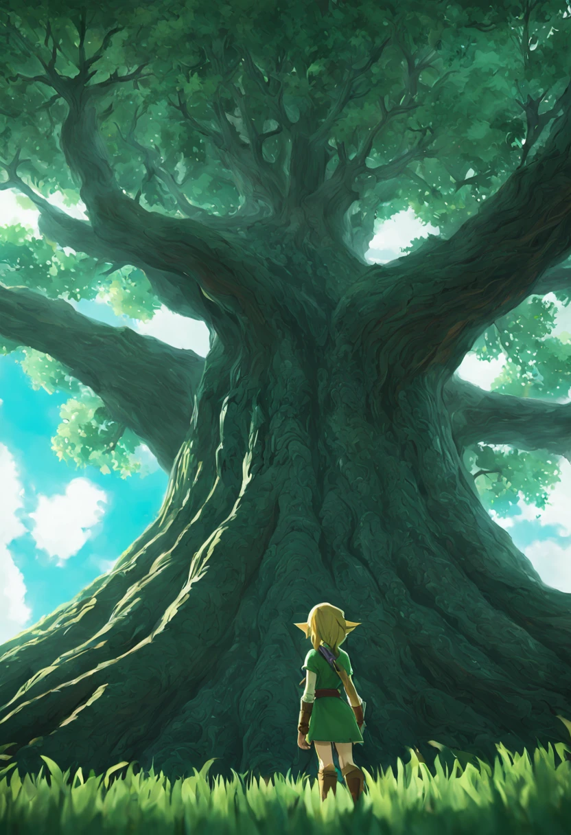 A femenine version of link from tloz in front of the great deku tree, intricate tree, (cinematic), soft light from the right, epic, from behind, from below, a really big tree