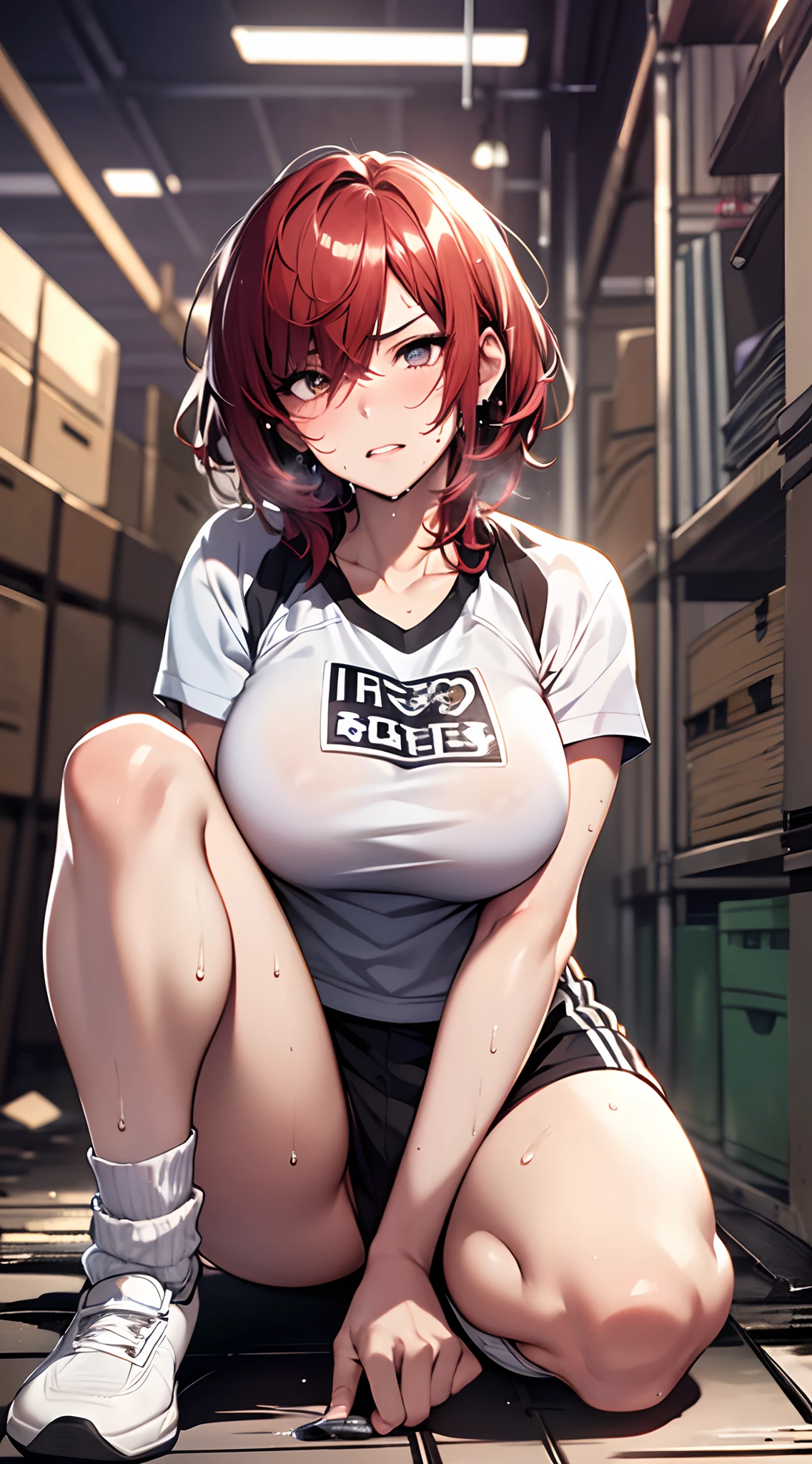 top-quality、supreme１People Girls,hightquality,A detailed face、A detailed eye、Detailed nose、Detailed mouth、 Beautiful expression, ((masuter piece)), ((High resolution)), ((Best Quality)), detail, (NSFW:1.4 ,With a disgusting face,Glaring at this), ((Skin shiny with sweat)), (School Athletic Clothes:1.2、Loose socks)、 girl with,red hairs, (short-hair)、Sit at a desk and open your legs:1.3、fair white skin:1.3、、large full breasts, cinmatic lighting, perfectly shaded,(((dark storeroom))), Realistic lighting with shades,Reflecting the whole body