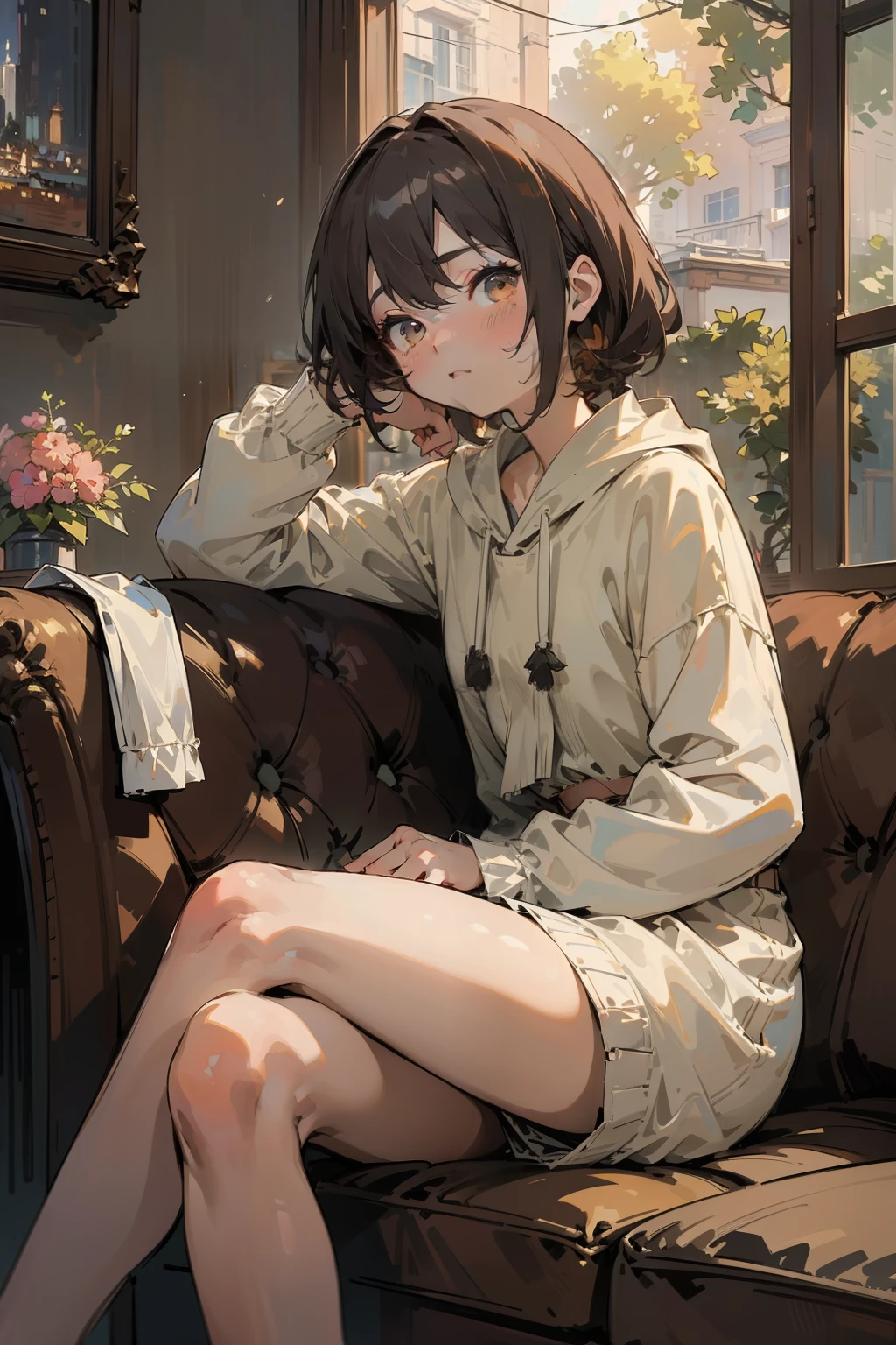 (masterpiece:1.3, best quality:1.5, ultra-detailed:1.4, HiRes),(impressionism:1.3),(hard burshstrokes:1.2), 1girl, anime girl, tall girl, sitting on a cozy couch, casual wear,crossing legs,soft light,modern house,indoor