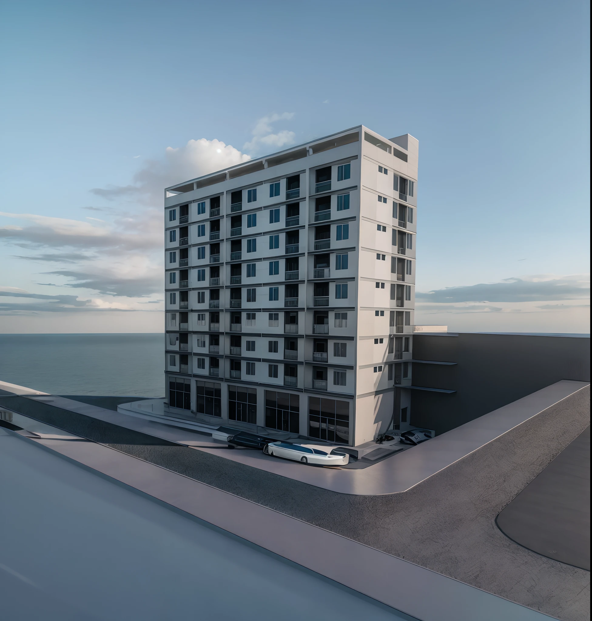 arafed building with a street and a car on the side of it, 3d rendering, 3 d rendering, multistory building, 3d rendered model, rendered 3d model, 3 d rendering!, 3d rendering!, building facing, 3 d model, 3d model, architectural 3 d render, architecture render, full building, complex 3 d render,hight quality image 8k,blue sky.white clouds,yellow sunshine,aluminium window and doors
