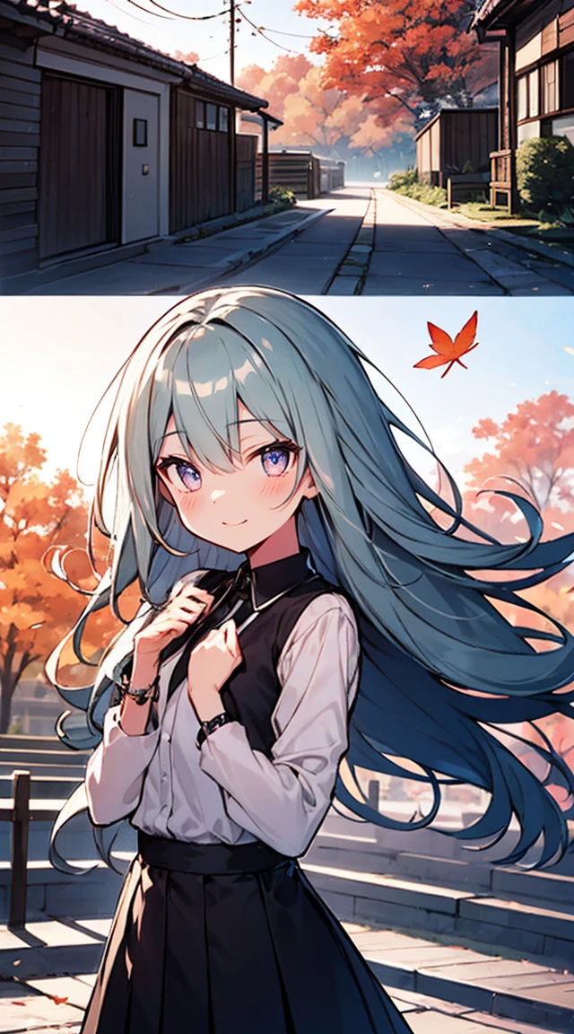 masutepiece, Best Quality,Illustration, Wallpaper, ultra -detail, Absurd beauty, 1beautiful girl、Bright hair color、Glitter and big eyes、Hair fluttering in the wind、♡、Smaller head、Autumn landscape、miscievous smile