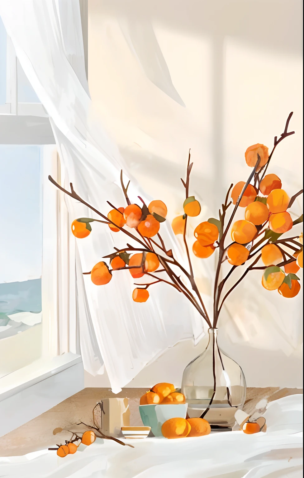 There is a vase on the table,Inside there are oranges and branches, orange plants, vignette of windowsill, Stylized digital illustration, realistic scene, Harvest, Autumn, A digital rendering, Fanart, orange color theme, , fall season, Orange flowers, decorations, orange and white color scheme, still-life, orange color theme, Beautiful composition