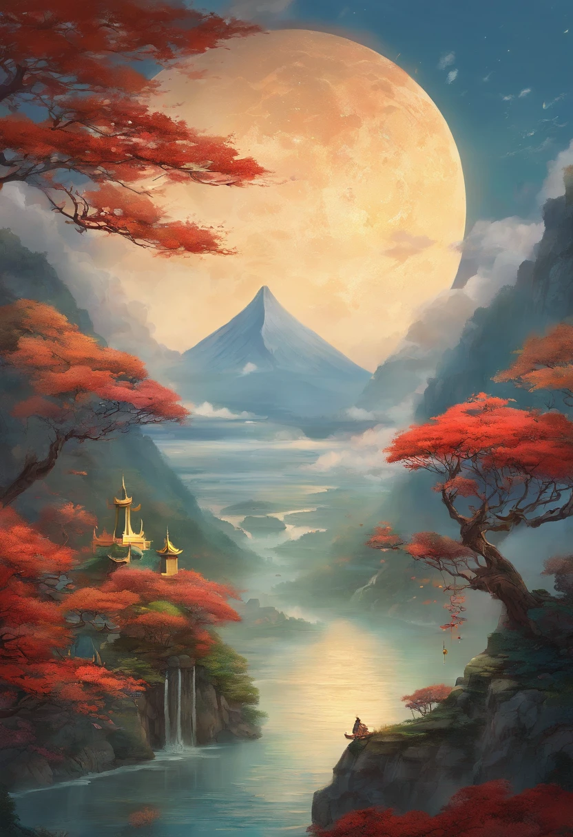 The rabbit of the Moon Palace, Han Toad, is crying in this cold sky，The doors and windows of the cloud building are half-open, and the moonlight obliquely illuminates the powder wall, which is miserable。 The moon is like a jade wheel rolling through the dew, soaking the light，In the osmanthus Xiangmo is happy to meet Xian 'e with a lunar pei。 Looking down on the vast sea and mulberry fields under the three sacred mountains，The world is fickle for thousands of years, like a galloping horse。 Overlook China from the Moon Palace，Kyushu is as small as nine vague dots，The shallow waters seemed to pour out of a cup