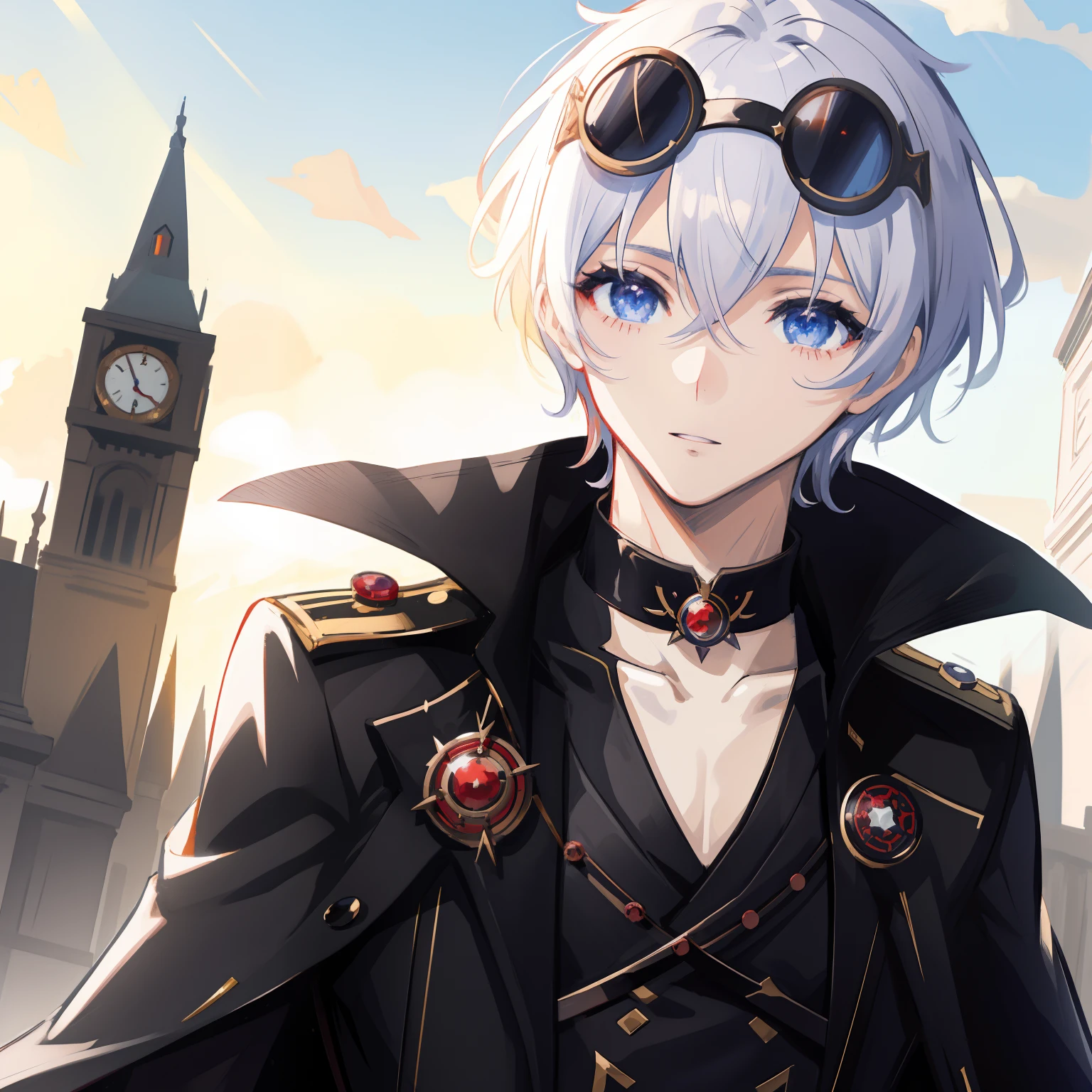 Personaje de anime con ojos rojos y un abrigo negro y una torre de reloj, Mejor fondo de pantalla de Anime 4K Konachan, Arte clave del anime, Personaje masculino de anime, Elegant Dream Demon, Chico alto de anime con ojos azules, con ojos rojos brillantes, Arte detallado del personaje de anime, Arte de anime clave detallado, con ojos rojos brillantes, Joven hombre de anime, Lord Vampire, Crown Prince of Black Gears