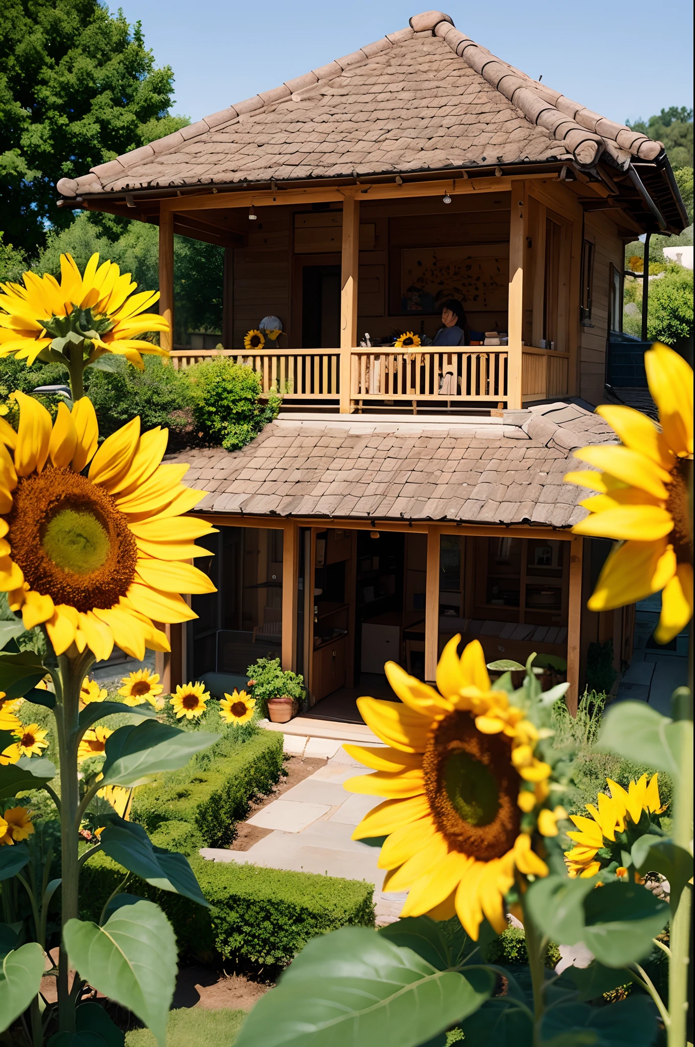 Sunflower House Gloria Studio, The garden is full of sunflowers, Clay material, Cartoon design style, pop mart, Soft lighting, Smooth lines, tilt shift lens, Detailed science fiction illustration, Hyper-realistic details, warm color