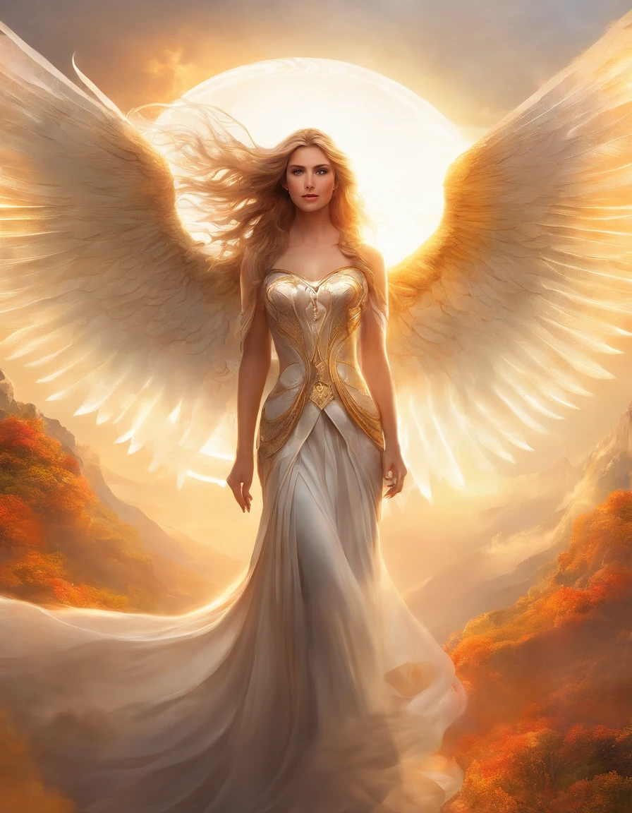 Compose a poignant ultra-realistic 8k image portraying the transcendent beauty of a fiercely confident woman. Illuminate her features with warm, golden light, accentuating her strength and grace. Enrich the scene with big, luminous white angel wings, a radiant halo over her head, and a beautifully intricate sword in her left hand. Capture a moment that evokes both ethereal power and serene beauty, creating an image that inspires admiration and awe