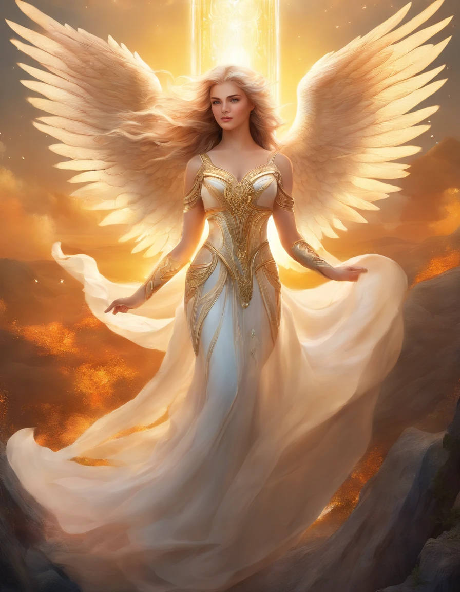Compose a poignant ultra-realistic 8k image portraying the transcendent beauty of a fiercely confident woman. Illuminate her features with warm, golden light, accentuating her strength and grace. Enrich the scene with big, luminous white angel wings, a radiant halo over her head, and a beautifully intricate sword in her left hand. Capture a moment that evokes both ethereal power and serene beauty, creating an image that inspires admiration and awe