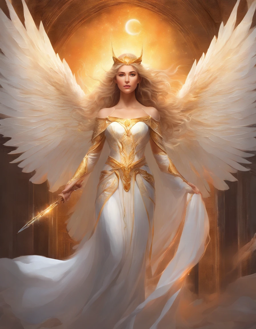 Compose a poignant ultra-realistic 8k image portraying the transcendent beauty of a fiercely confident woman. Illuminate her features with warm, golden light, accentuating her strength and grace. Enrich the scene with big, luminous white angel wings, a radiant halo over her head, and a beautifully intricate sword in her left hand. Capture a moment that evokes both ethereal power and serene beauty, creating an image that inspires admiration and awe