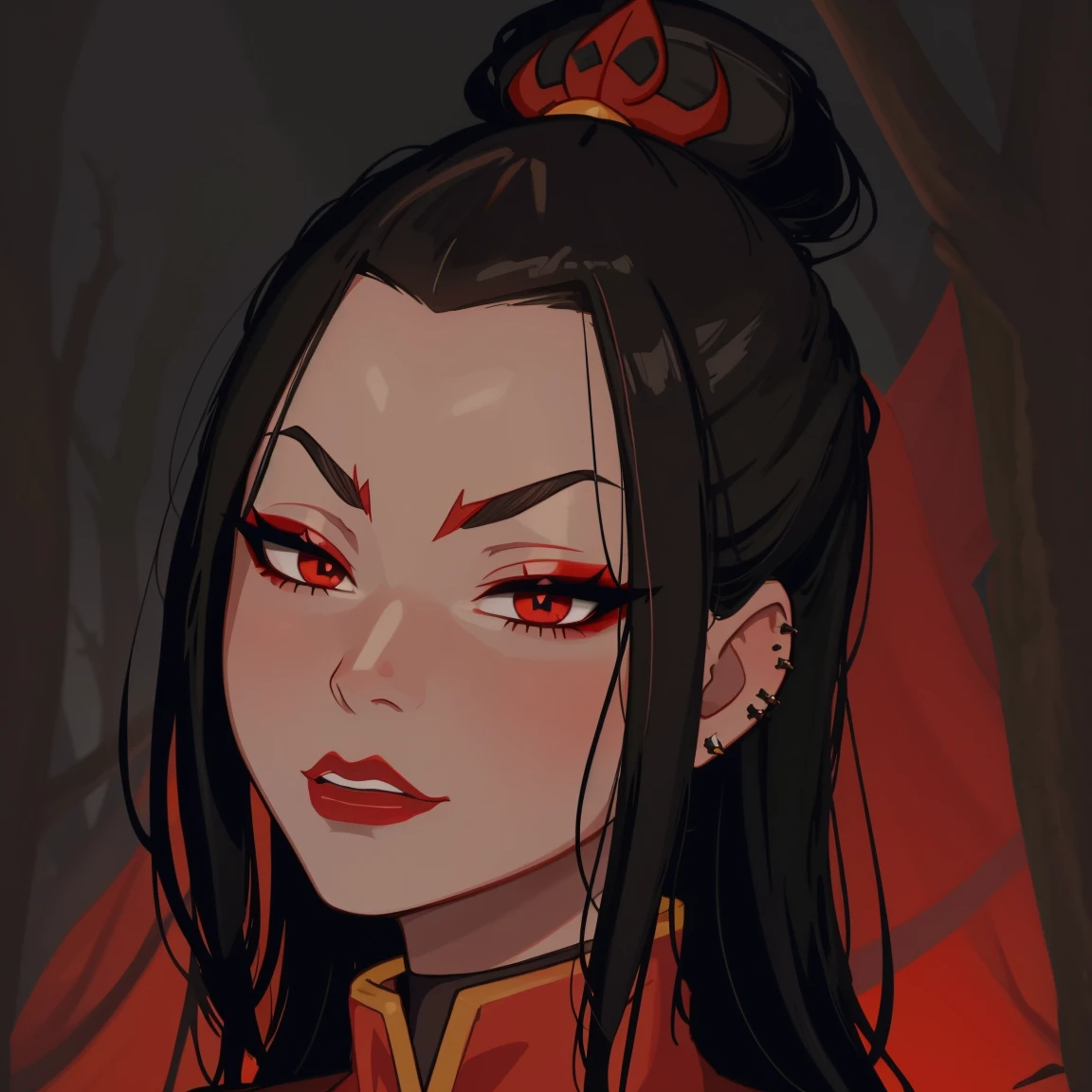 Goth Azula, goth girl, autumn forest background, detailed, detailed, detailed, beautiful, detail, goth girl, masterpiece, red clothes, dark night background, gothic, goth, goth, detailed, goth girl, piercings, detailed face, looking viewer, Azula, (Dark eye shadow) dark eye shadow, black eye shadow, goth azula