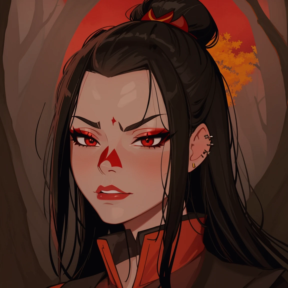 Azula, goth girl, autumn forest background, detailed, detailed, detailed, beautiful, detail, goth girl, masterpiece, red clothes, dark night background, gothic, goth, goth, detailed, goth girl, piercings, detailed face, looking viewer, Azula, (Dark eye shadow) dark eye shadow, black eye shadow,