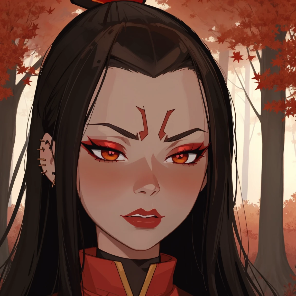 Azula, goth girl, autumn forest background, detailed, detailed, detailed, beautiful, detail, goth girl, masterpiece, red clothes, dark night background, gothic, goth, goth, detailed, goth girl, piercings, detailed face, looking viewer, Azula, (Dark eye shadow) dark eye shadow, black eye shadow,