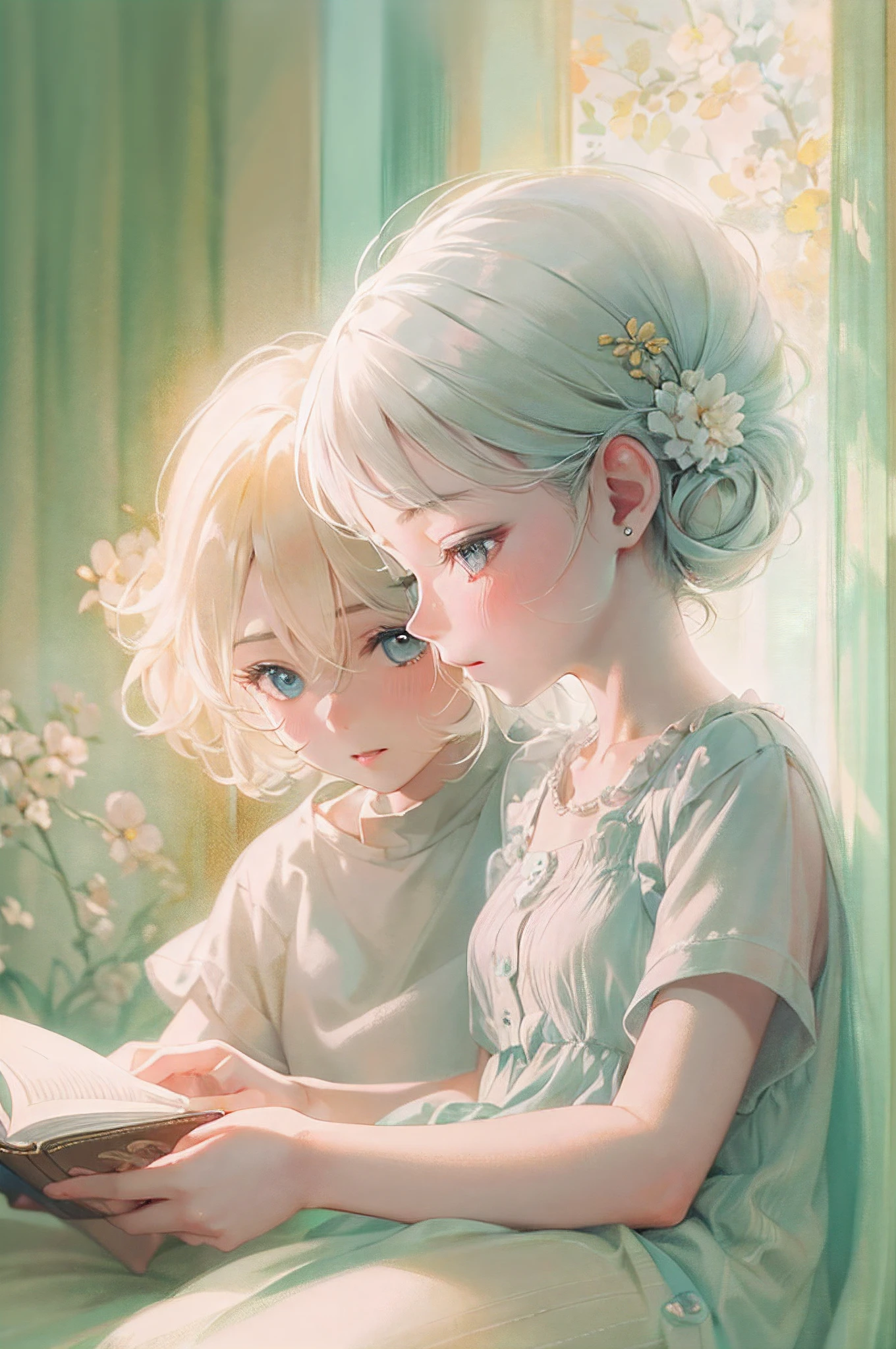 A kind mother who reads picture books to her children. She reads to her children in a world of pale and shining light.effect///Fluffy pastel colors.fine brushes,（XF 35mm F1.4 R,F1.4,maximum aperture,become blunt） Rough, detailed watercolour, soft and fantastic, pastel, Fluffy, (extremely fine and beautiful), (perfect detail)、(pastel color),Soft texture.(masutepiece, Best Quality), (finely detailed beautiful eye), (finely detailed eyes and detailed face),The tones are also visibly luminous.Pale blurred contours,Unobtrusive lighting, moody atmosphere,subtle highlights