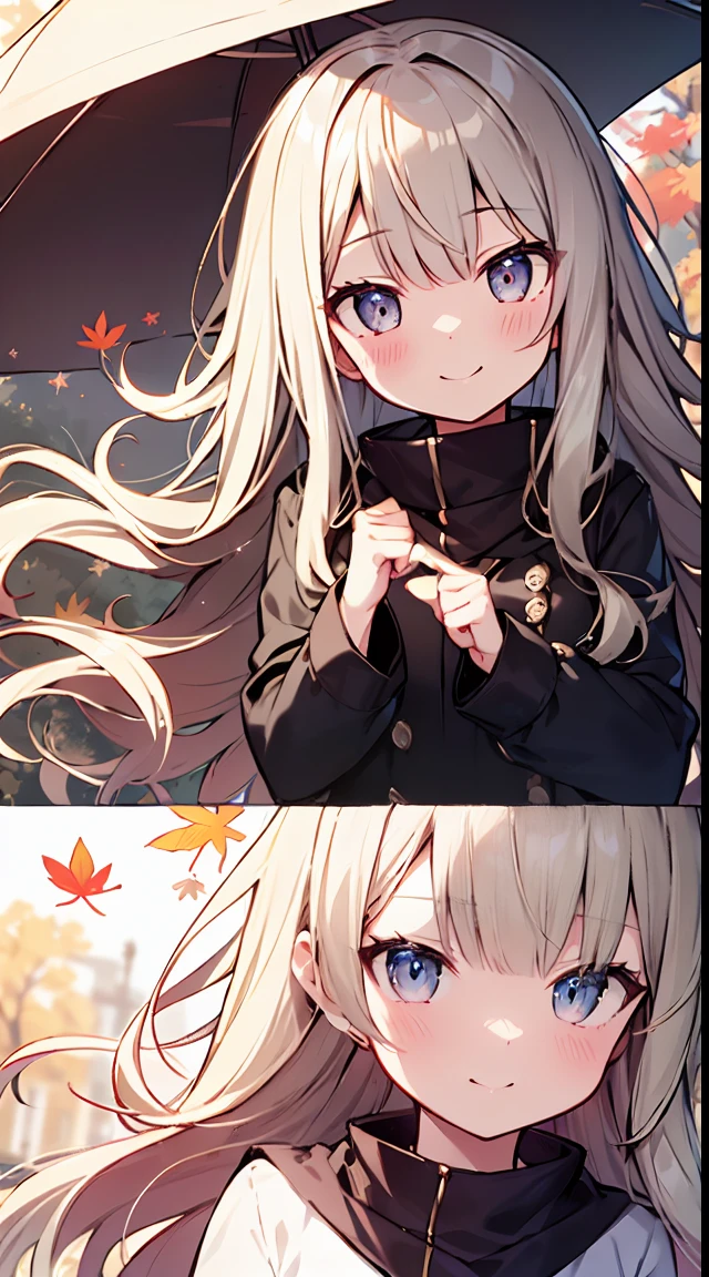 masutepiece, Best Quality,Illustration, Wallpaper, ultra -detail, Absurd beauty, 1beautiful girl、Bright hair color、Glitter and big eyes、Hair fluttering in the wind、♡、Smaller head、Autumn landscape、miscievous smile