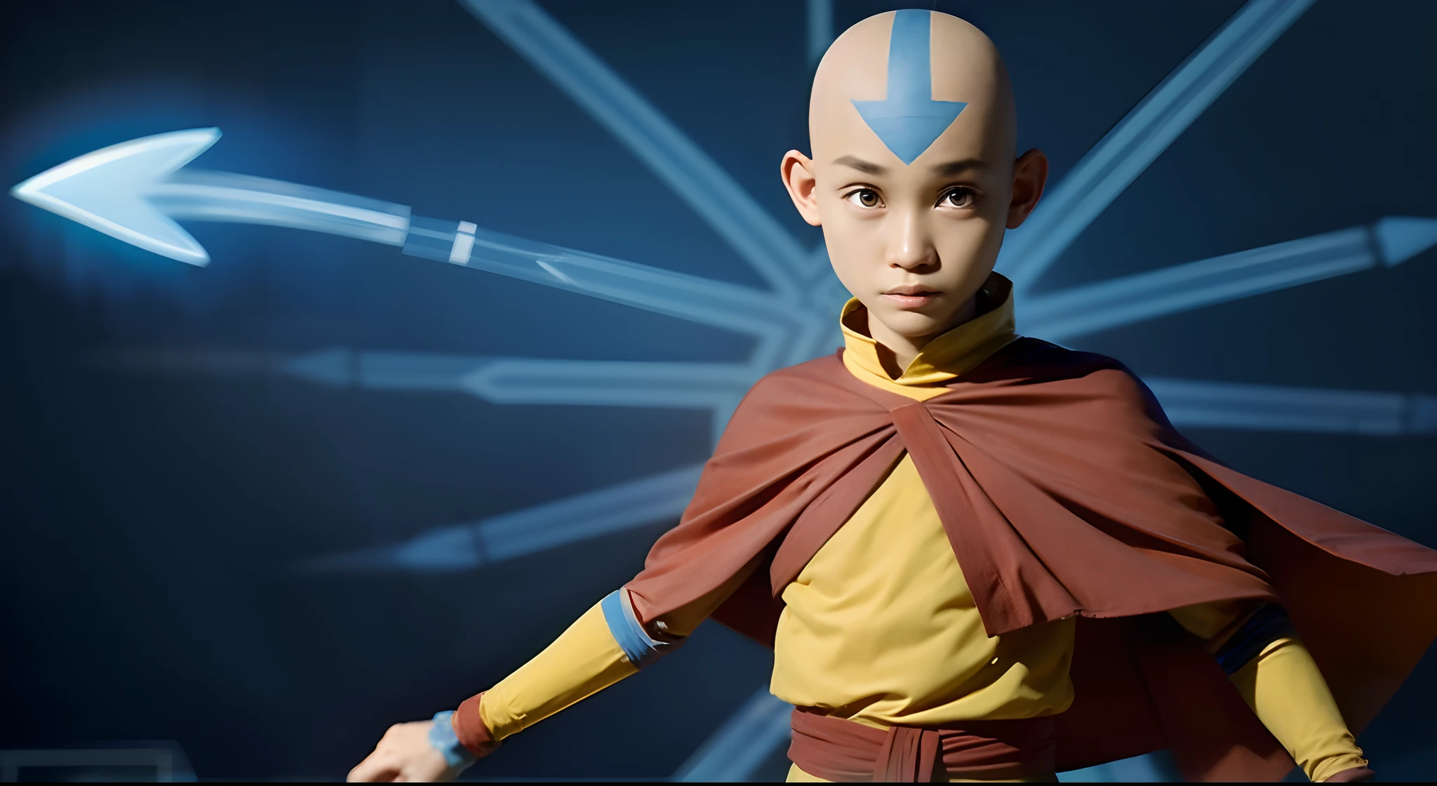 AangAv, solo, 1 boy, Tibetan, light skin, gray eyes, bald, blue arrow, orange and yellow robes, detailed eyes