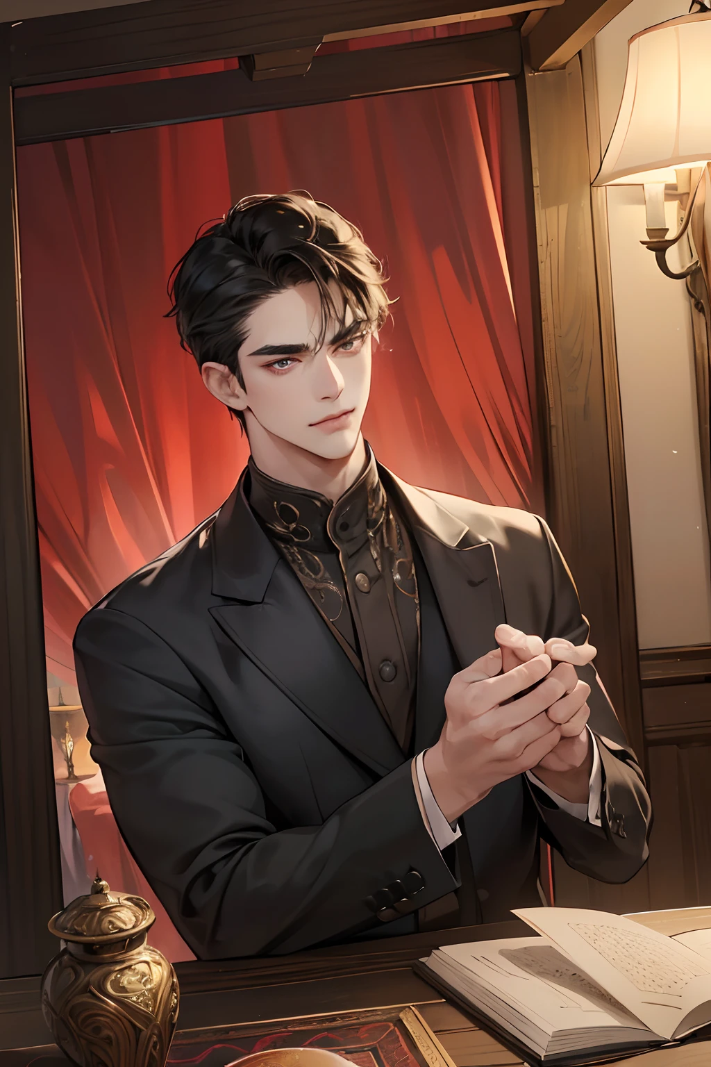 (masutepiece, Digital Art, Digital Illustration, 4K, 8K, Ultra-detailed, beautiful image, Sharp Image, Photorealistic, Raw photo, Perfect face, Perfect lines, Perfect eyes, Soft lighting) 1 male human, (A dark-haired,of hair between the eyes,2 blocks long,short-hair,Slippery hair,deadpan,Lowered eyebrows,Parallel eyebrows,Narrow-eyed,drooing eyes,Beauty,kindly smile,ember,40 years old:1.3),Handsome men, (ember,Man in a suit,Thin macho,Firm shoulder width,Adult male:1.2),Antique furniture,Antique sofa,Leather sofa,Antique table,aroma Candle,fantastical light,candelabra,At work,Sleepy face,Frantically opening your eyes,Troubled face,Beautiful eyebrows,Chunky jaws,Wrinkles at the corners of the eyes,Antique bed,canopy,thickness,Bedroom,Bed Making