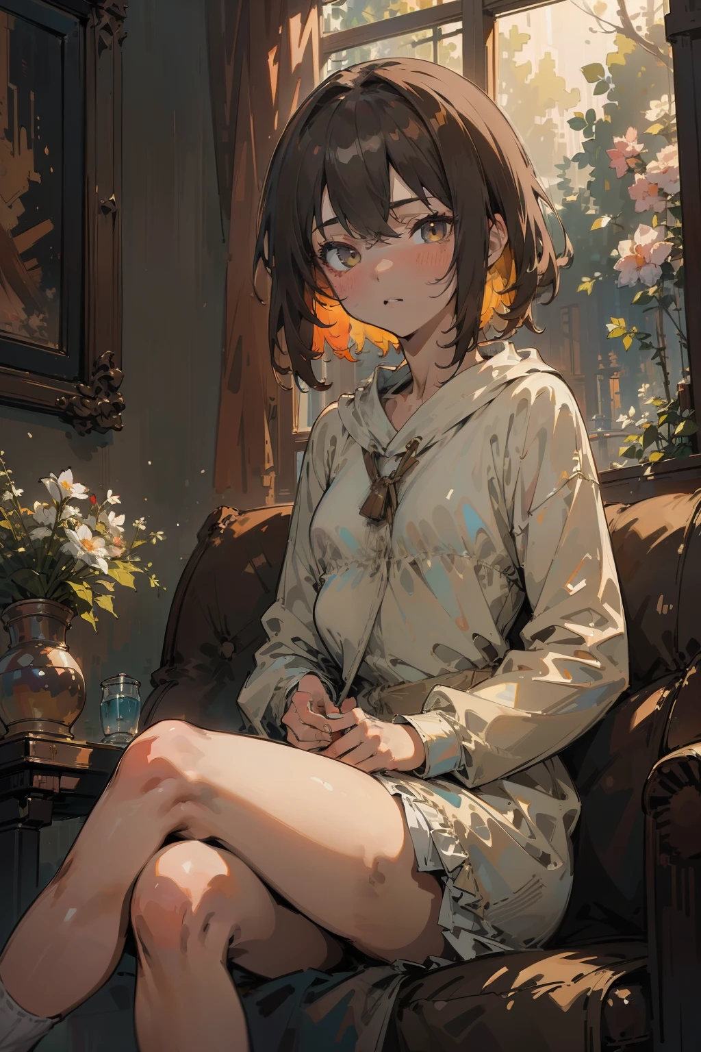 (masterpiece:1.3, best quality:1.5, ultra-detailed:1.4, HiRes),(impressionism:1.3),(hard burshstrokes:1.2), 1girl, anime girl, tall girl, sitting on a cozy couch, casual wear,crossing legs,soft light,modern house,indoor