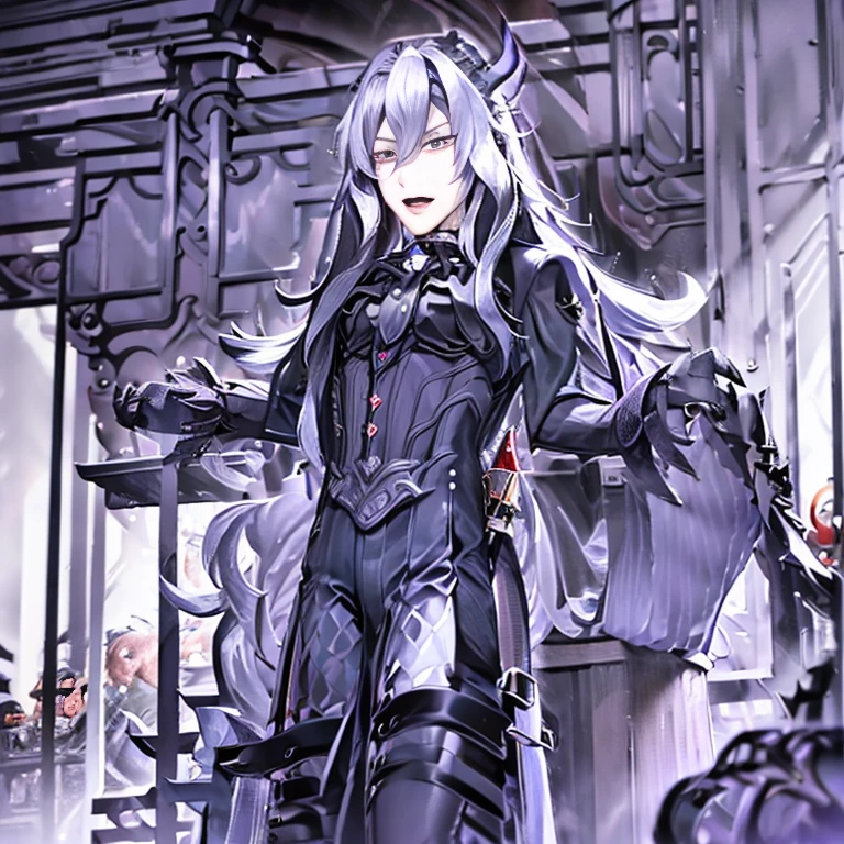 masterpiece, best quality, Neuvillette, ((1boy,Solo)),long hair,grey hair,multicolored hair,feather hair ornament, purple eyes, jewelry,ascot,long sleeves, shirt,gloves, black pants, (( Neuvillette Corrupted by Darkness)),(dark_persona_lora),(Gothic Attire))