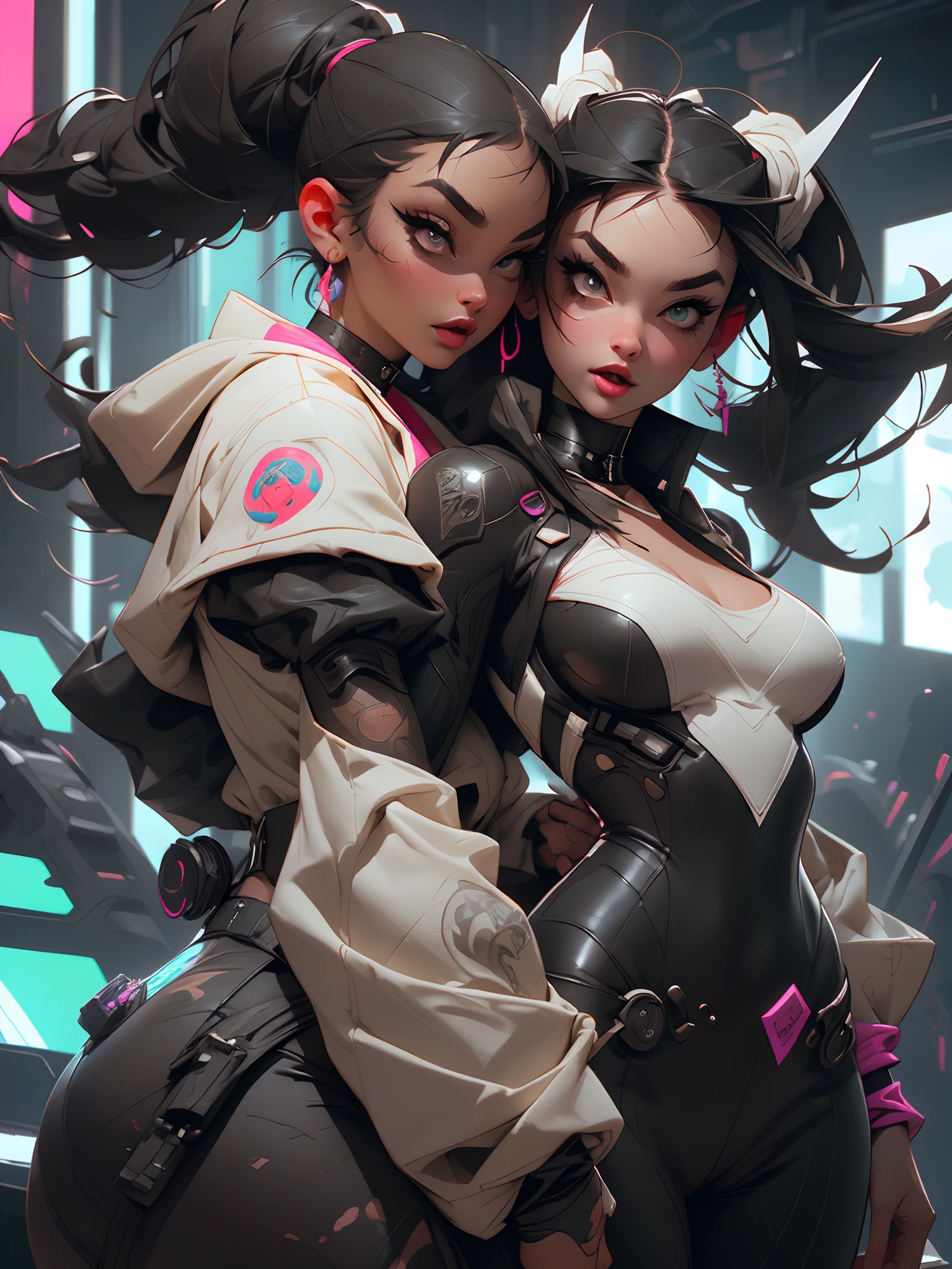 2 women hugging each other, Cover your crotch with your hands, (A woman has green eyes, White skin, Long black hair, pony tails, choker necklace, Small breasts, lipstick, Makeup, eyes liner), (The other woman is a brown-eyed blonde), Dress up in a sexy outfit in neon colors, On the pool, (Cyberpunk theme), (Masterpiece, Best quality, 8K, Sharp focus, Depth of field, Best shadows, perfect lights, hdr, Realistic skin texture,  Ultra-detailed and detailed background),Correct anatomy，Detailed face, Detailed eyes，swordsmen，