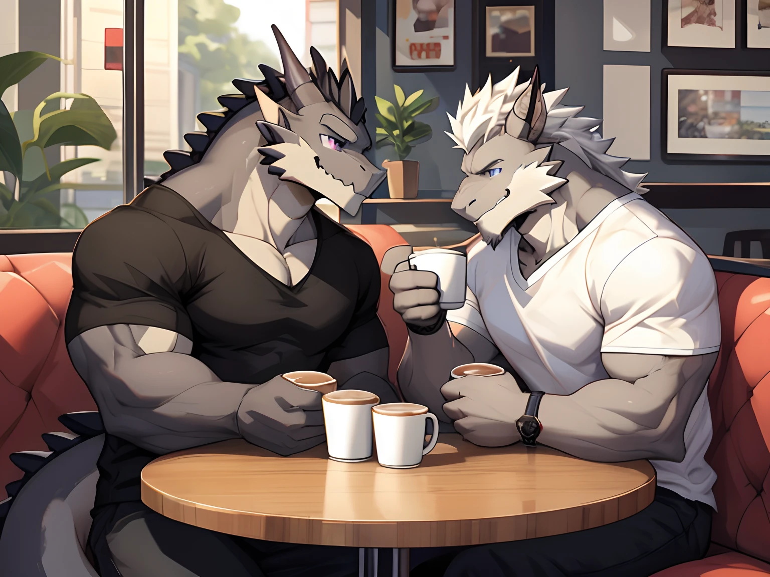 (Best Quality), 1Male, (Furry Gray Dragon), Blue Eyes, White Medium Hair, Casual Set, Casual Shirt, Muscular, Good Looking, 1Male, (Furry Black Dragon), Purple Eyes, Gray Medium Hair, Gray Facial Hair, Casual Set, Casual Shirt, Good Looking, Muscular, ((Gray Dragon Give Black Dragon a cup of coffee and feed him)), Sitting in sofa, table, close to each other, Comfortable, Warm Feeling, Joy Expression, Smiling, Morning, Cafe Background.