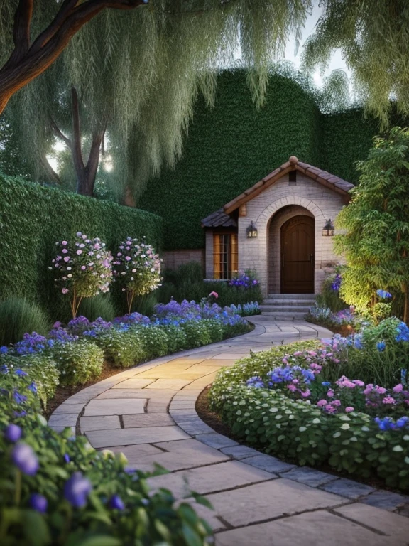 Butterfly garden, flowering bed with mushrooms and overgrown vines, stone curved pathway leading to an ((aged whimsical cottage with bench swing on porch)), ((night)), background wall along the horizon with vines climbing up it, tall ((old willow tree with flower and vines coming down)), hyper realistic, 4K rendering, realism, high quality, super realistic, cottage core
