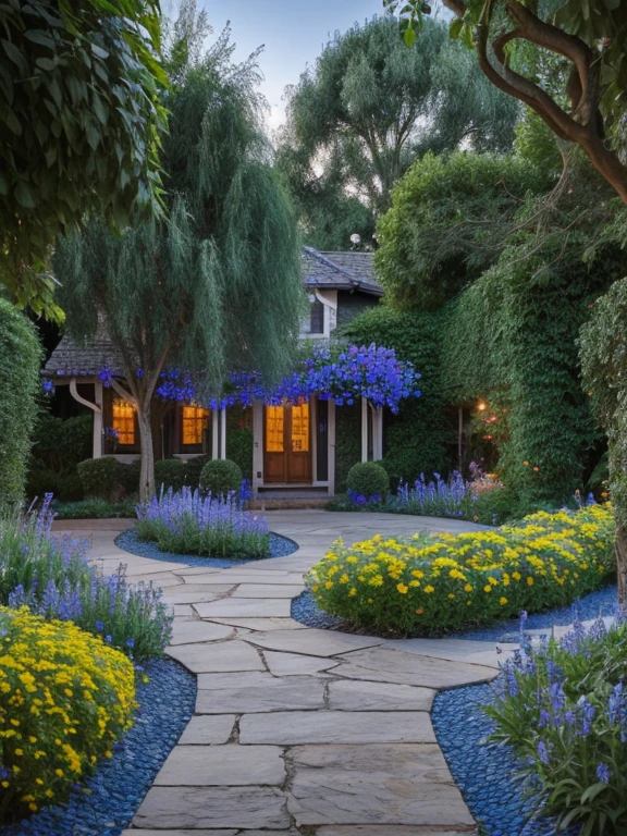 Butterfly garden, flowering bed with mushrooms and overgrown vines, stone curved pathway leading to an ((aged whimsical cottage with bench swing on porch)), ((night)), background wall along the horizon with vines climbing up it, tall ((old willow tree with flower and vines coming down)), hyper realistic, 4K rendering, realism, high quality, super realistic, cottage core
