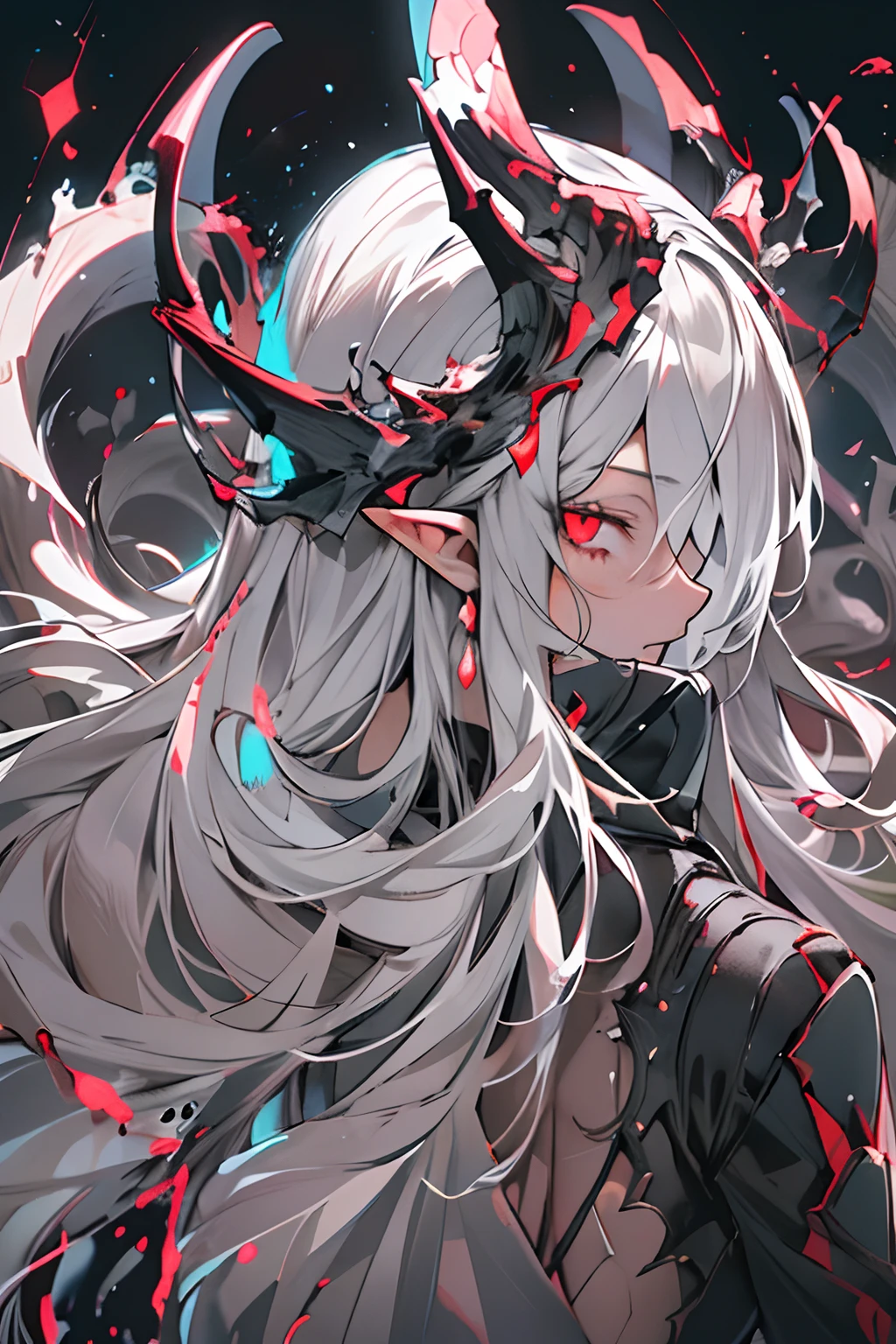 masterpiece, best quality, ultra-detailed, absurdres, colorful, 1girl, solo, (solid red eyes:1.0), (white hair, long hair, straight hair, hair over one eye:1.0), detailed eyes, wide-eyed, eyelashes, (upper body:0.8), monster girl, side view, glowing eyes, tilted head, night, black suit, pointy ears, horror, dark, black background, looking at viewer, crown, high contrast, backlighting, (standing:0.8), aura, fractal background, chaotic, spiral, demon horns, energy, mosaic, inferno