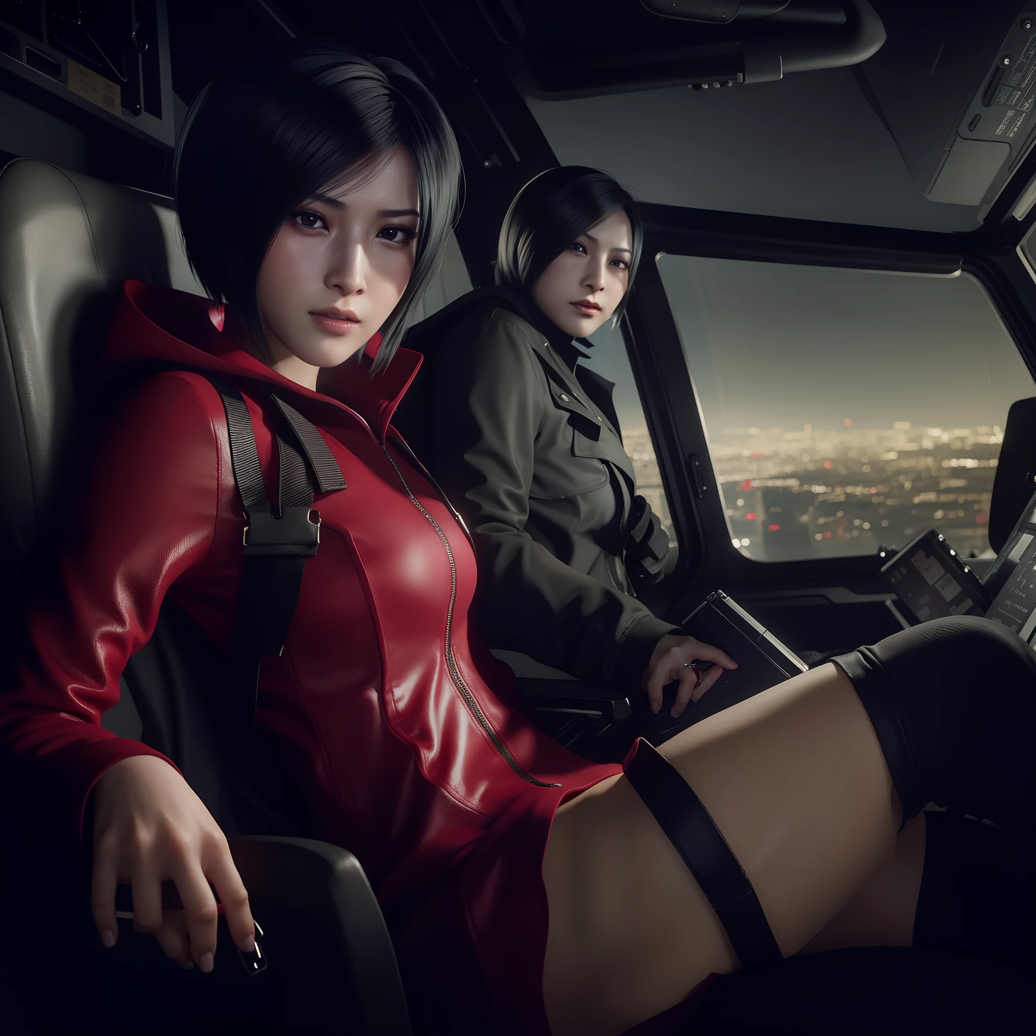 Ada wong, beautiful face, bob hair, perfect Face, wearing mini red dress hoody, wearing hoody, black nail polish, embarrassed expression, little smile