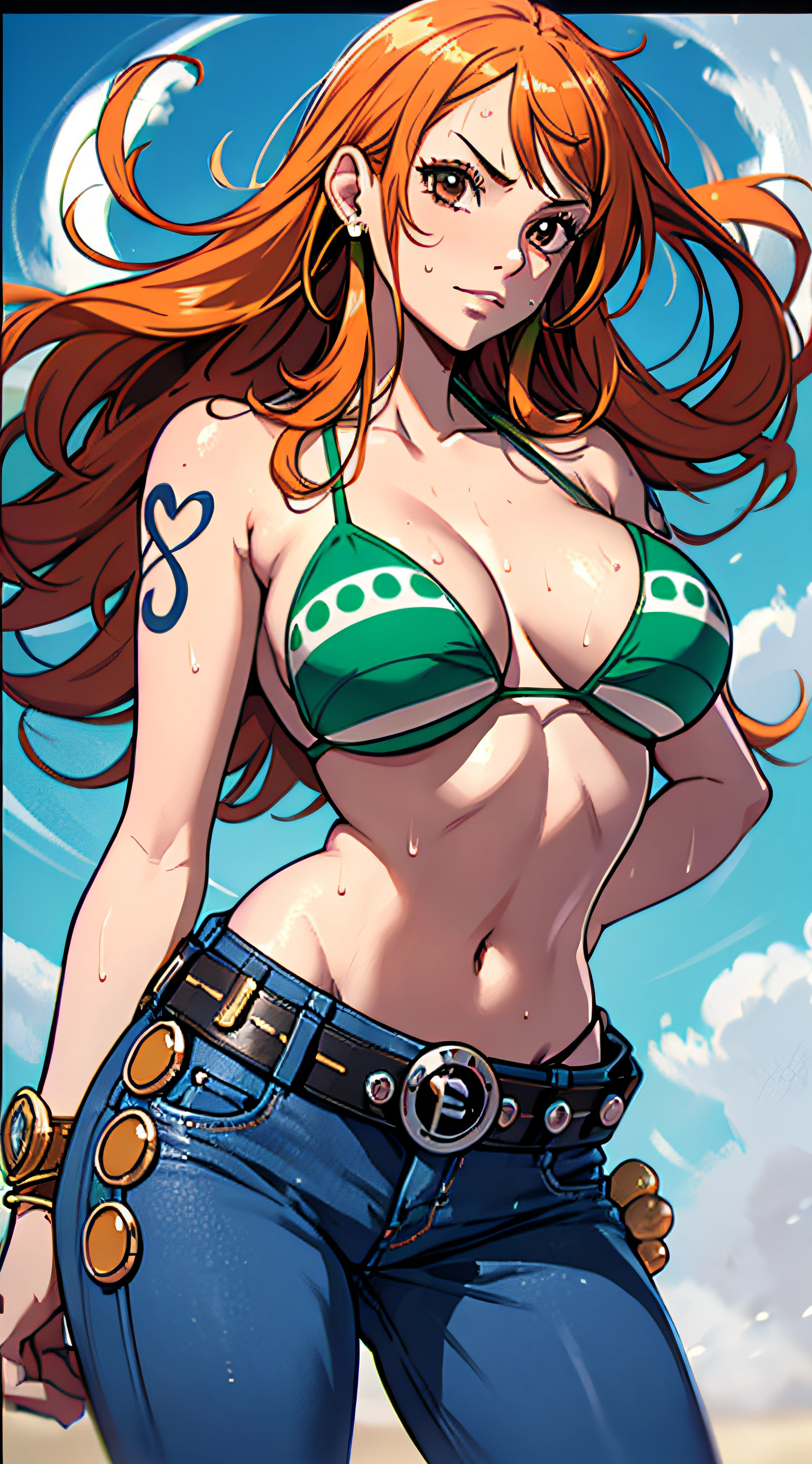 nami \(one piece\), 1girl, bangle, bangs, bare shoulders, belt, bikini, bikini top only, bracelet, breasts, brown eyes, bubble, cleavage, denim, earrings, floating hair, green belt, green bikini, groin, jeans, jewelry, large breasts, long hair, looking at own body, navel, orange hair, pants, shoulder tattoo, sidelocks, sky, smile, solo, stomach, swimsuit, tattoo, angry, crossed arms, (sweaty:1,2), shy, flusttered, , ((masterpiece))