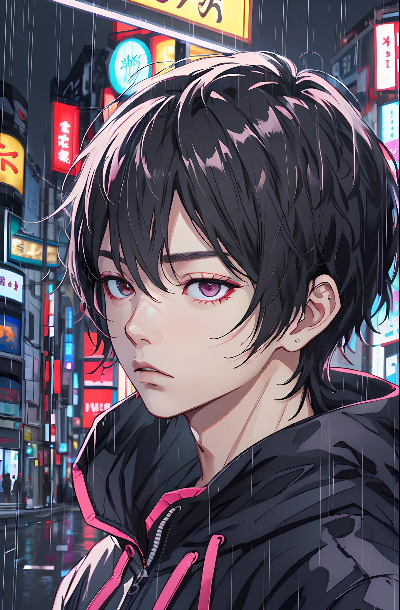 kk, best quality, more details, masterpiece, (whole body) , 1boy, kaneki ken, portrait, standing in the middle of the street,  night, male focus,  eyes, solo, bangs, looking at viewer, hood, short hair, rain, tokyo tokyo \(city\),  hood up, nail polish, black hair, luxurious, 8k, detailed, ray tracing, depth of field, cinematic lighting,