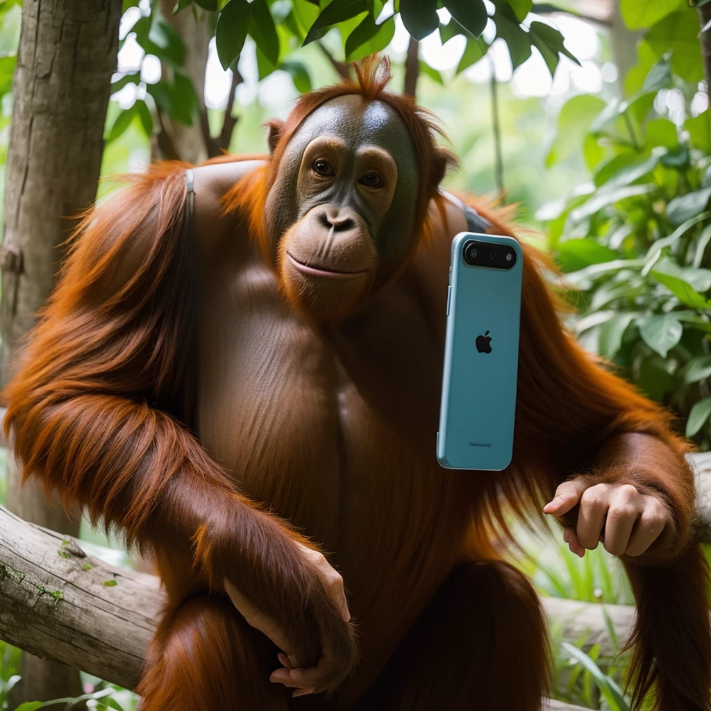 Orangutan holding a selfie with a mobile phone