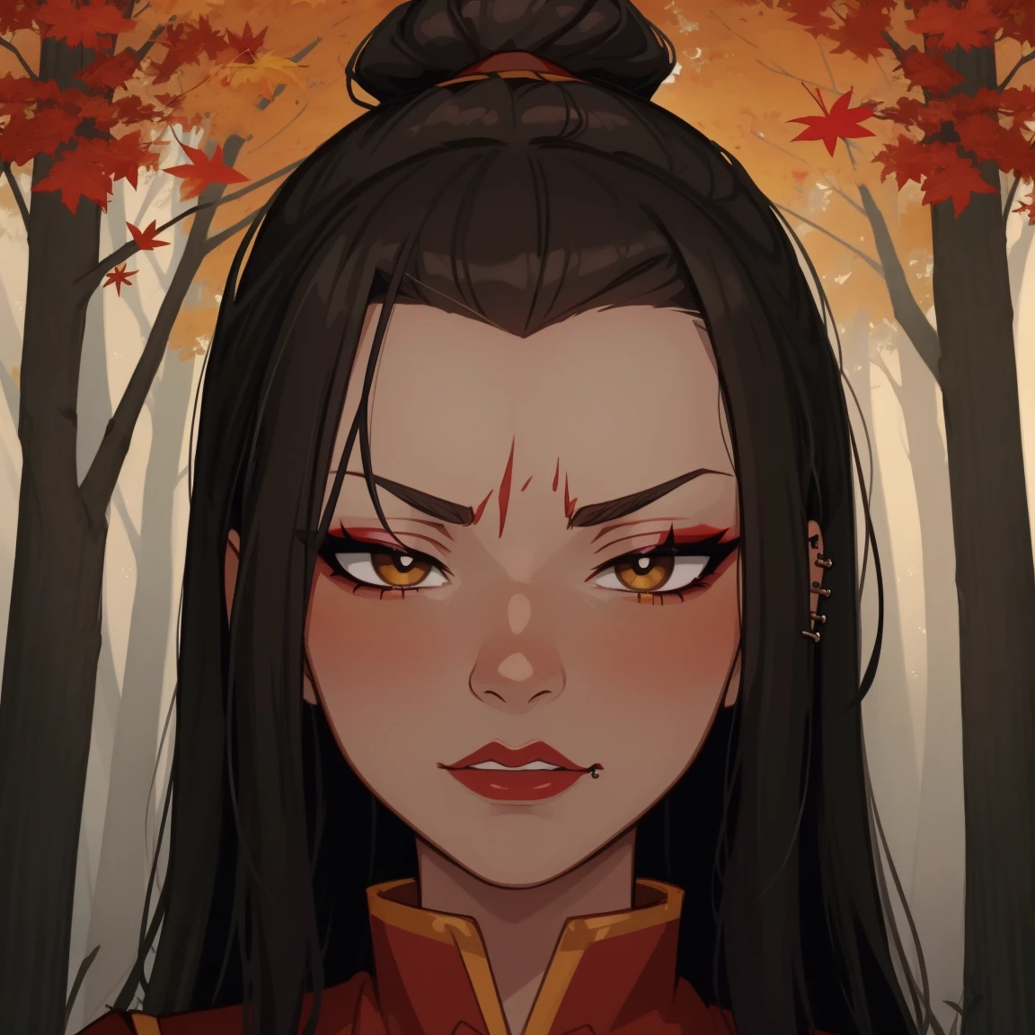 Azula, goth girl, autumn forest background, detailed, detailed, detailed, beautiful, detail, goth girl, masterpiece, red clothes, dark night background, gothic, goth, goth, detailed, goth girl, piercings, detailed face, looking viewer, Azula, (Dark eye shadow) dark eye shadow, black eye shadow,