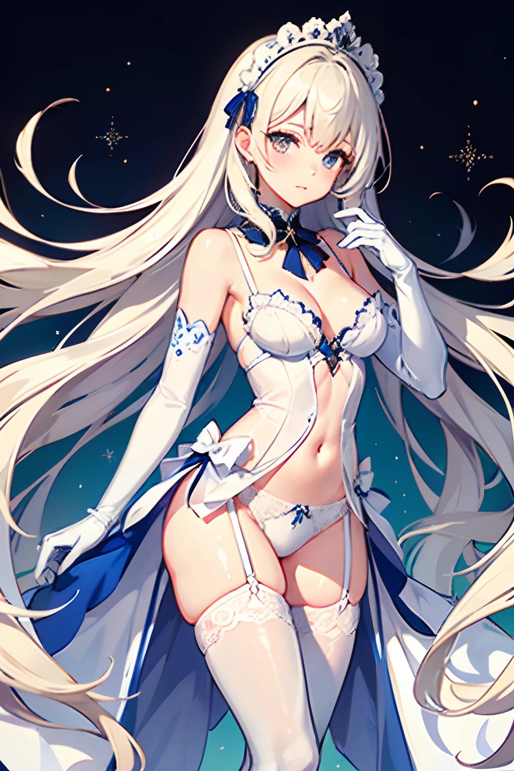 （masutepiece）（high-level image quality）:1:3）　femele　 White Long Gloves（（blanche）（gloves））　white stockings（（blanche）（pantyhose））　an lingerie　The hair（short（bionde））