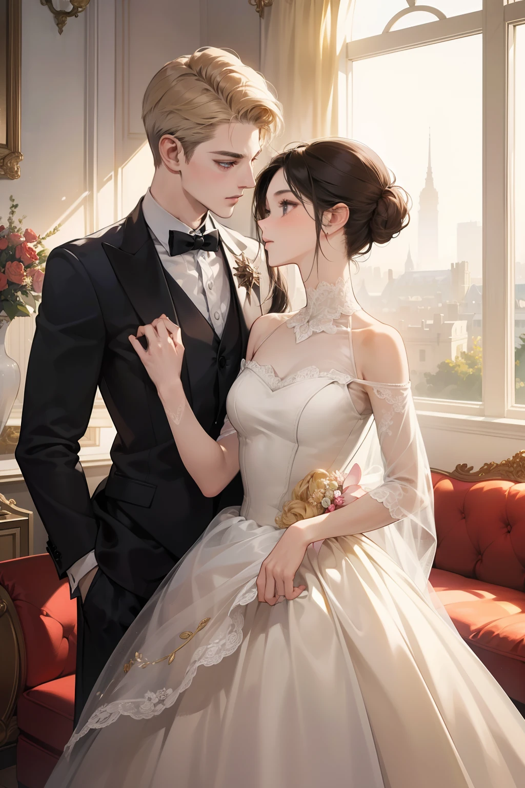 ((Masterpieces)), Best Quality, excellent illustration, couple kissing, Soft Focus, 1 boy with short hair, 1 girl with chignon hair, Suits and dresses、 Luxurious and exquisite atmosphere, Soft light and warm lighting,