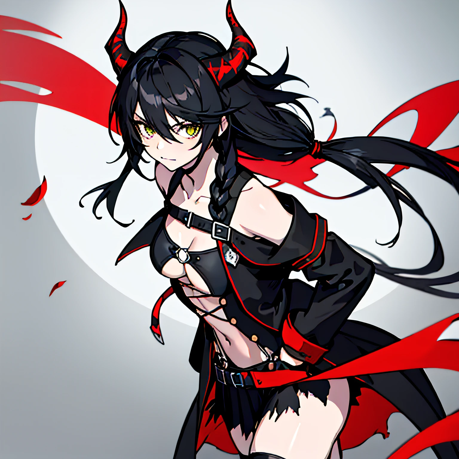 (absurdres, 8k, 4k, masterpiece, hyper extreme detailed:1.2), solo, 1girl, front view, perfect face, 1girl, portrait, expressive eyes, looking at viewer, solo, green eyes, standing, mature female, small chest, pale, long black hair, groan, casual wear, adult, looking forward, front view, black horns, confident, cautious, rational, messy hair, wind, windy, moving hair, moving clothes, swept bangs, front view, unyielding, mature body, tomboy, dragon tail, adult, black nails, wild hair, velvet crowe, scars, fatigue, Black Horns, Dragon Horns, Dragon Tail, fire, long skirt, hands in pockets, white shirt black letters, exposed shoulder, shoulder strap, suspenders, velvet crowe, velvet-outfit,